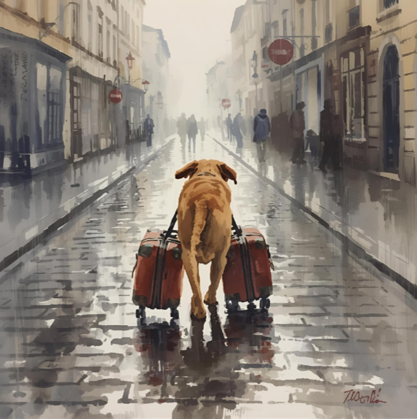 Dog walking on a rainy city street with luggage in the rain.