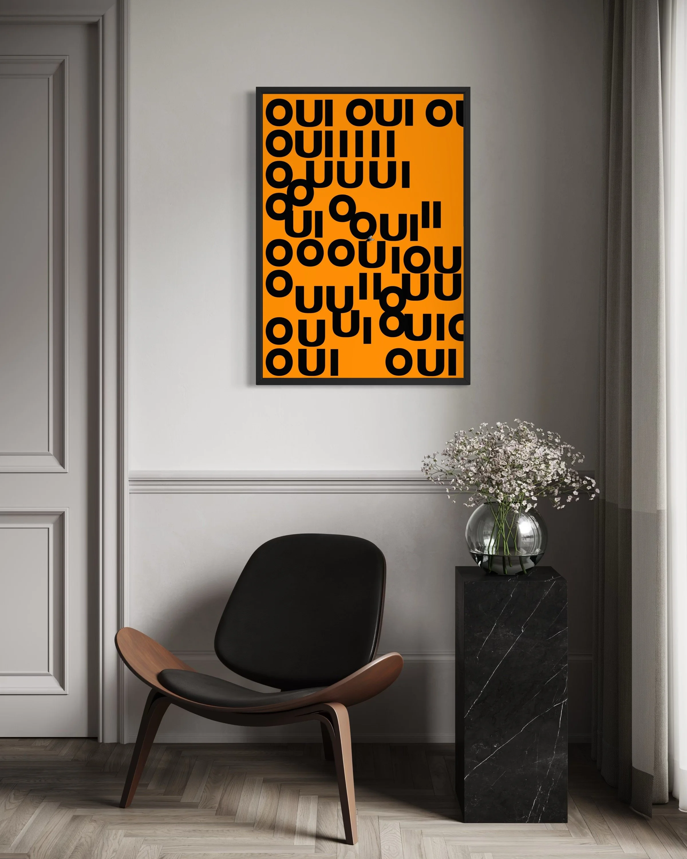 Interior photo showing Oui French graphic protest poster print on the wall by CAPSIZE
