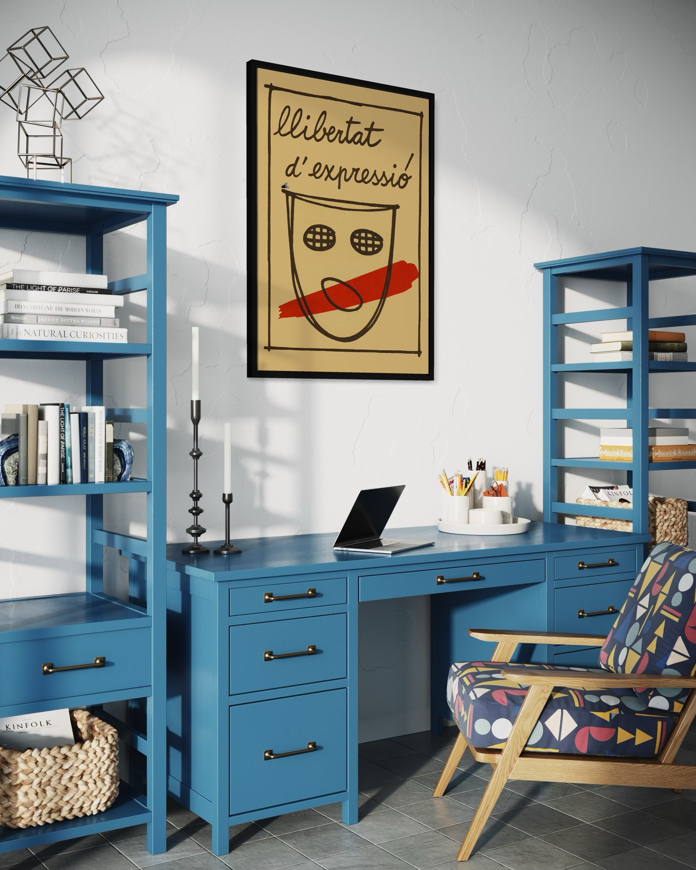 Interior photo showing Llibertat d’expressio! Catalan protest poster print on the wall by CAPSIZE