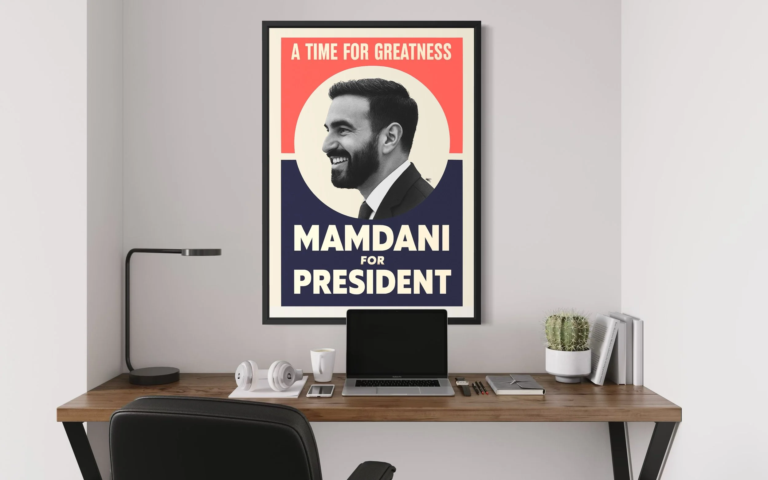 Interior photo showing Mamdani for President protest poster print on the wall by CAPSIZE