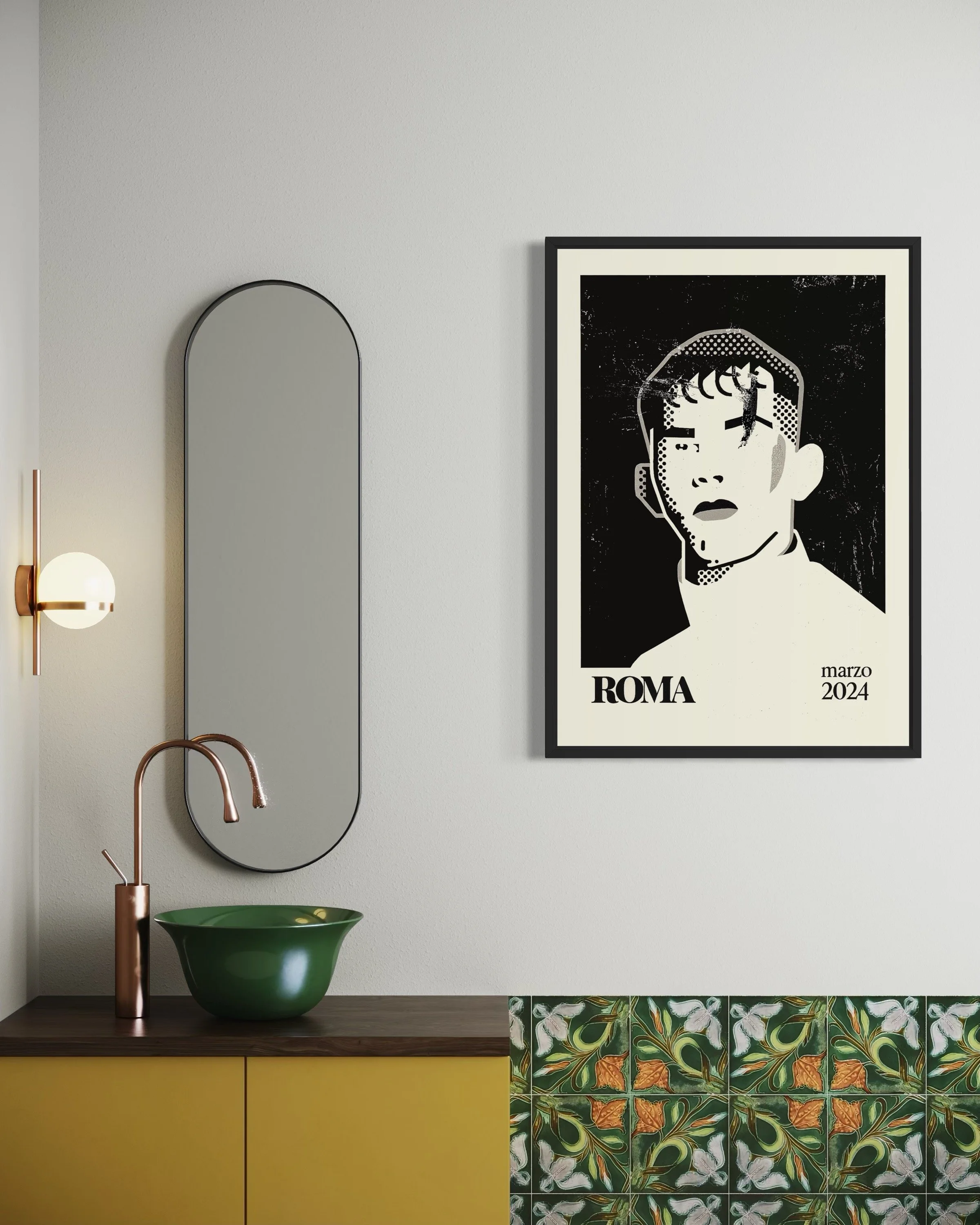 Interior photo showing Italian Roma street & city poster print on the wall by CAPSIZE