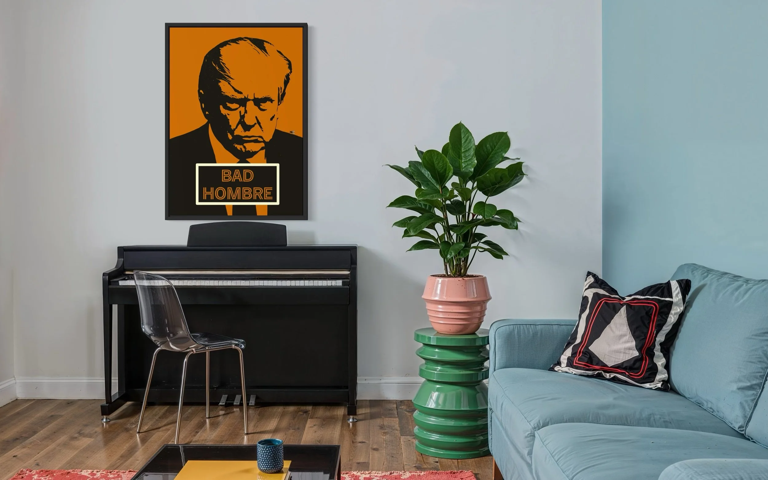 Interior photo showing Bad Hombre Donald Trump Satirical poster print on the wall by CAPSIZE