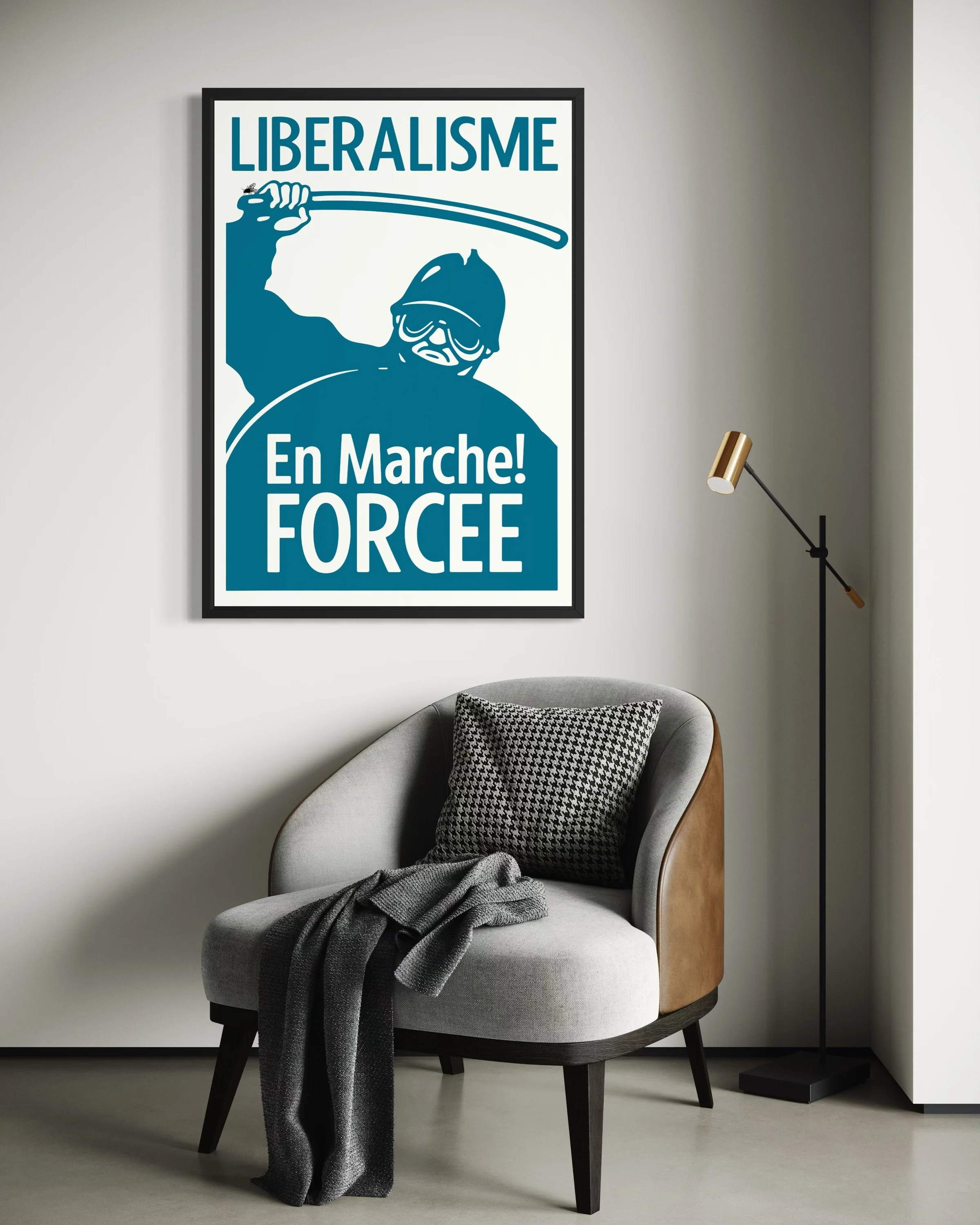 Interior photo showing Liberalisme En Marche! French protest poster print on the wall by CAPSIZE