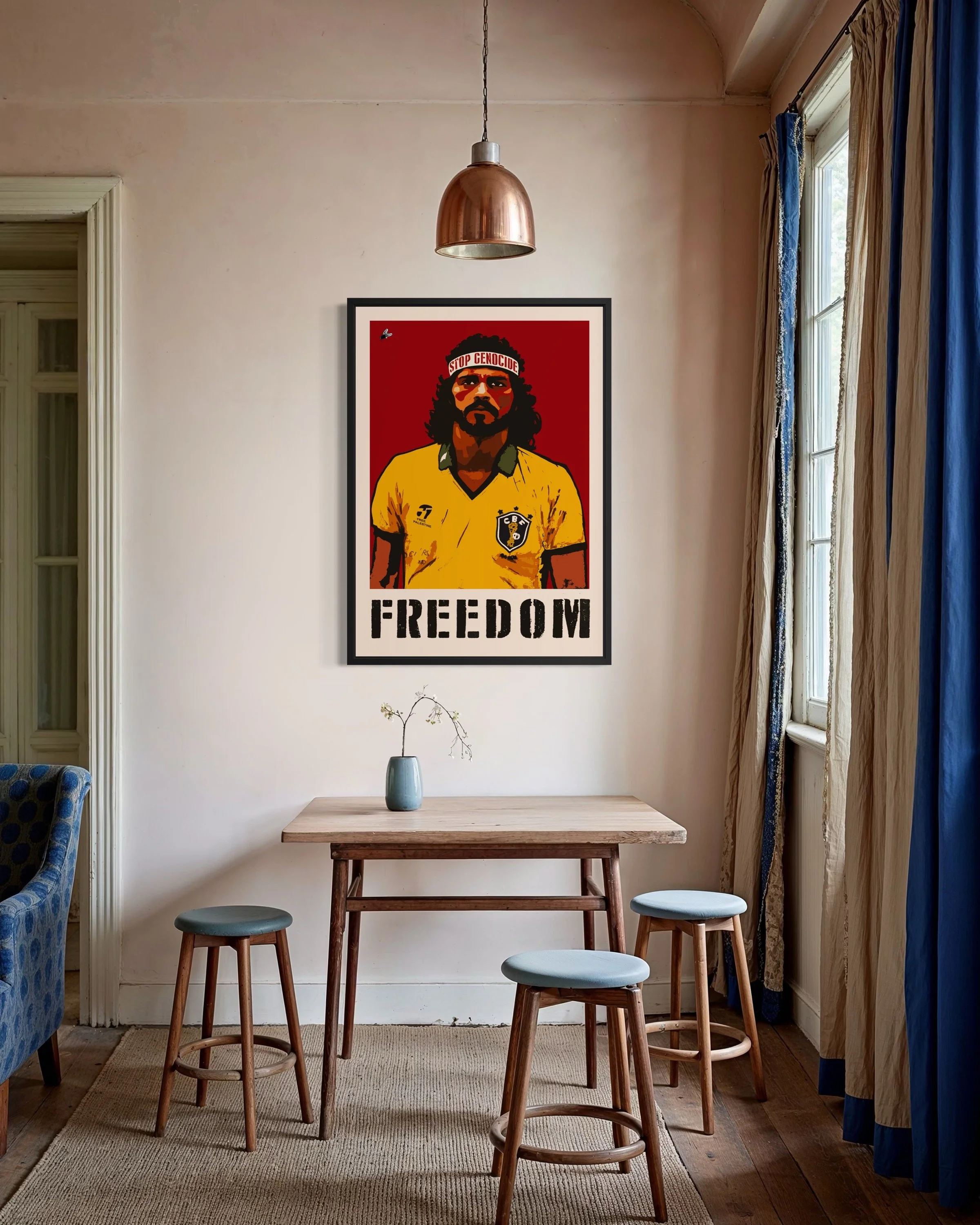 Interior photo showing Freedom Palestine Football protest poster print on the wall by CAPSIZE