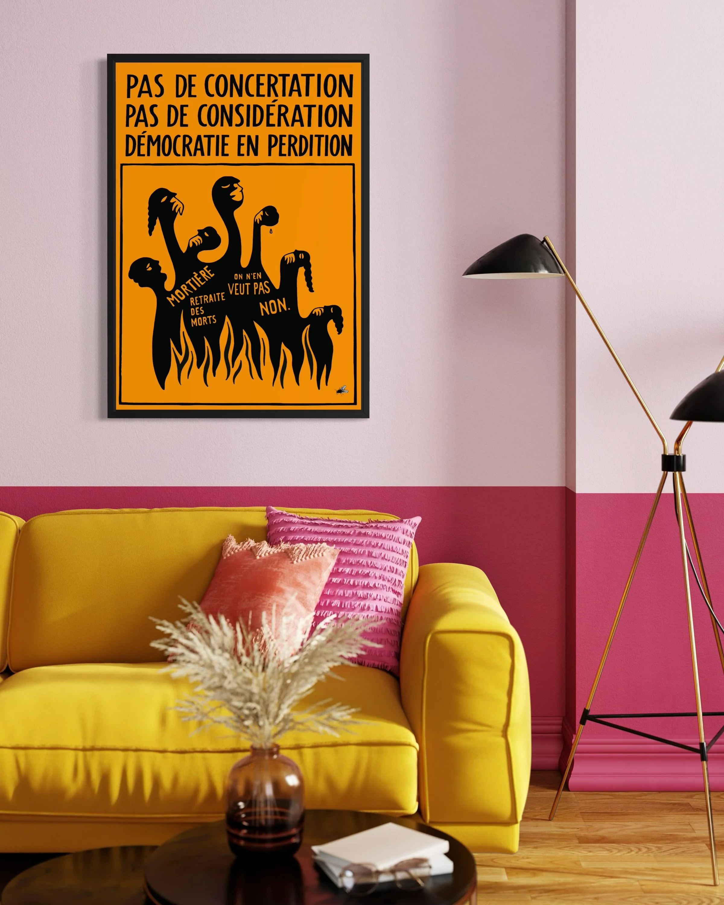 Interior photo showing Democratie en Perdition French Statement Protest poster print on the wall by CAPSIZE