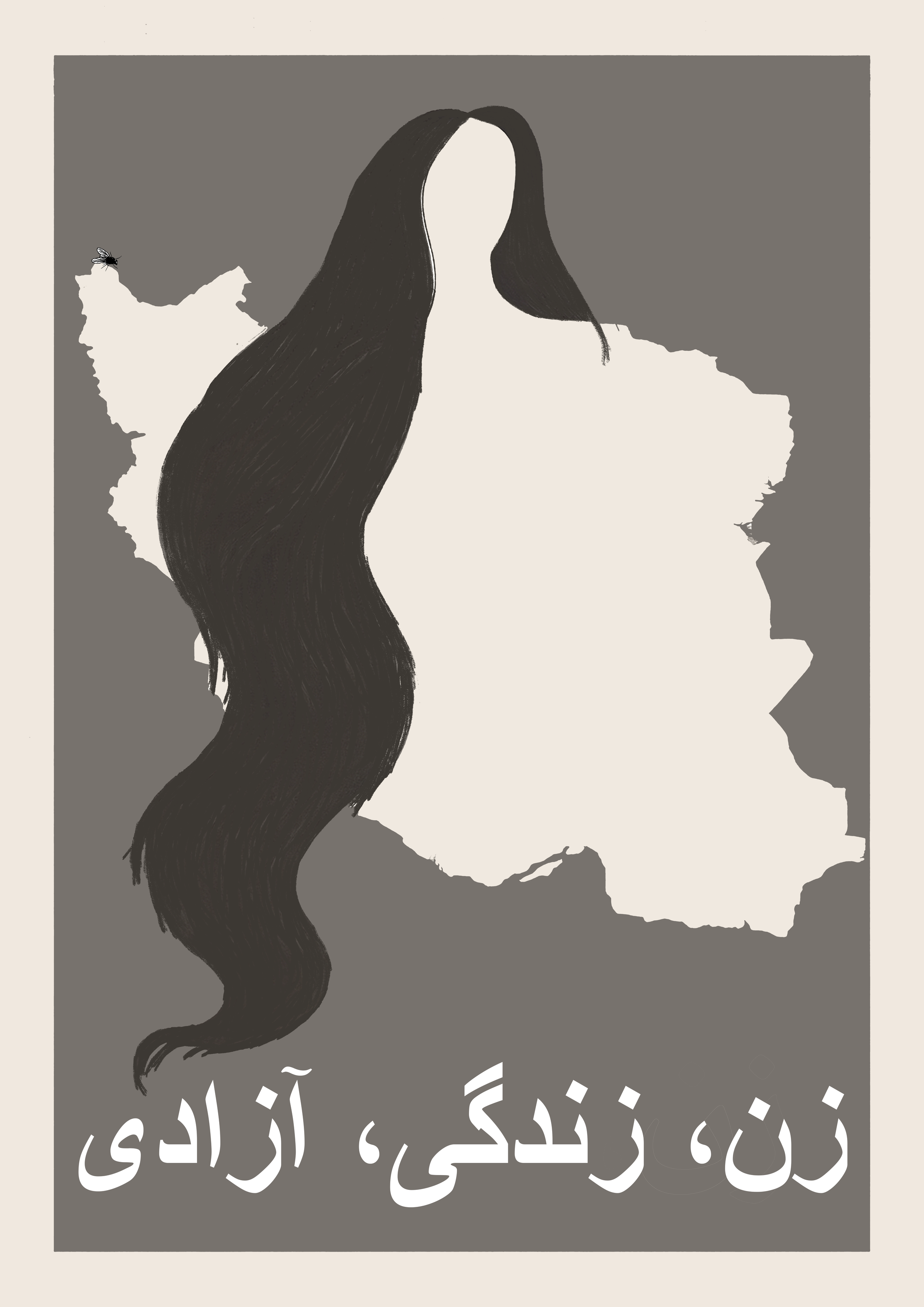 A stylized poster of Iran with a woman silhouette with long, flowing hair in front of the map. Persian text at the bottom reads: "Women, Life, Freedom." Poster supports the protests of Iranians.