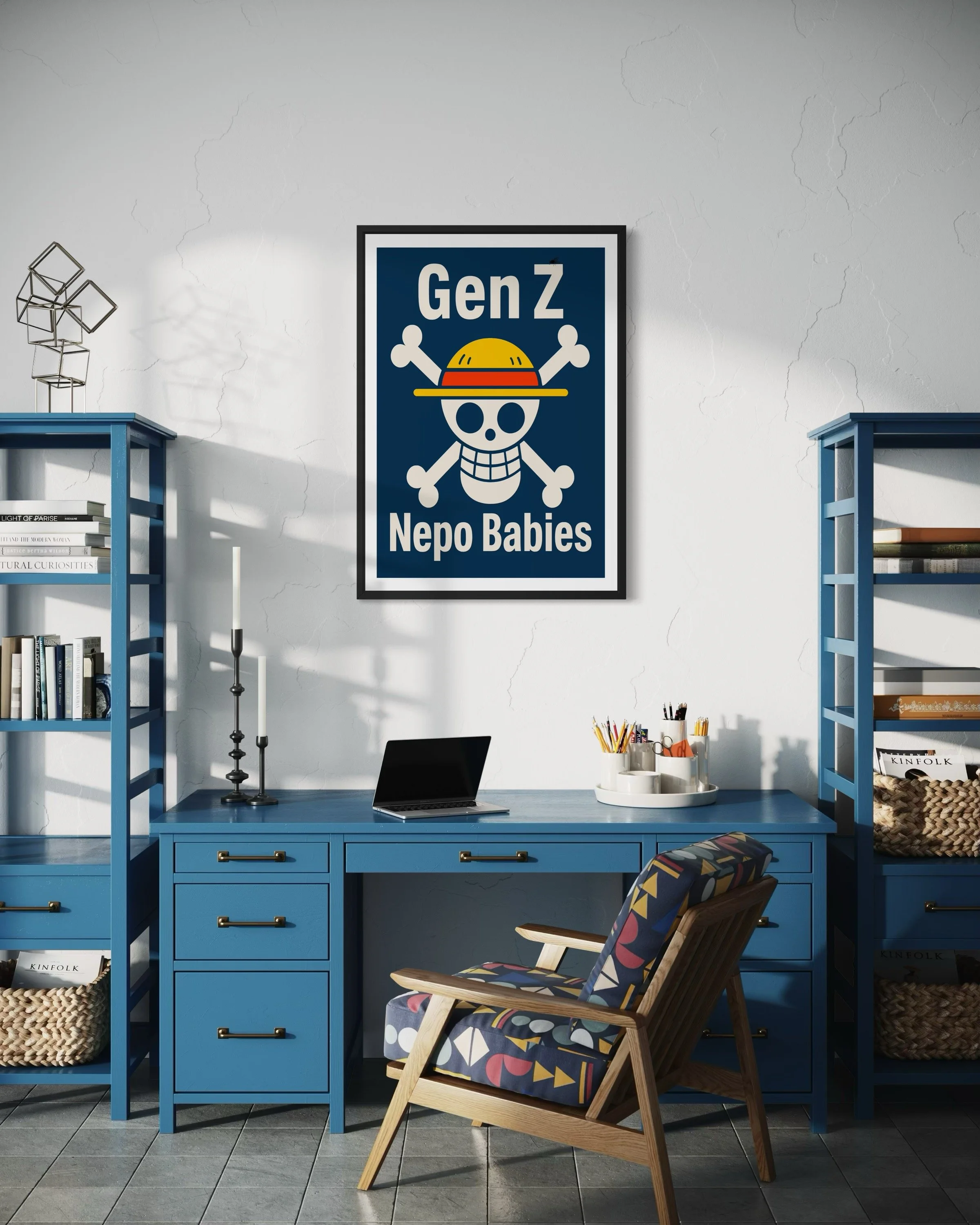 Interior photo showing Nepo Babies Nepal protest poster print on the wall by CAPSIZE