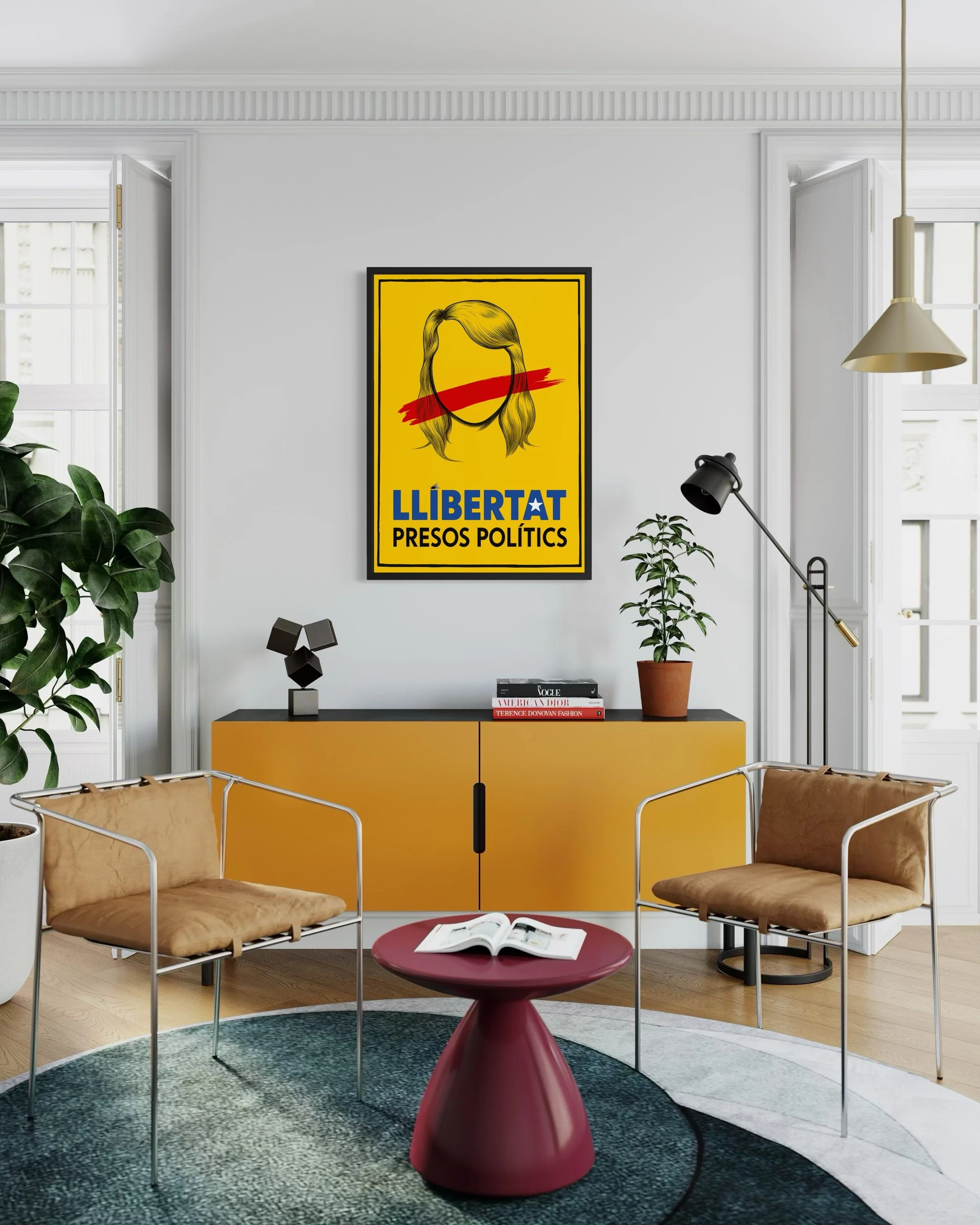 Interior photo showing Llibertat Presos Politics Catalan Protest poster print on the wall by CAPSIZE