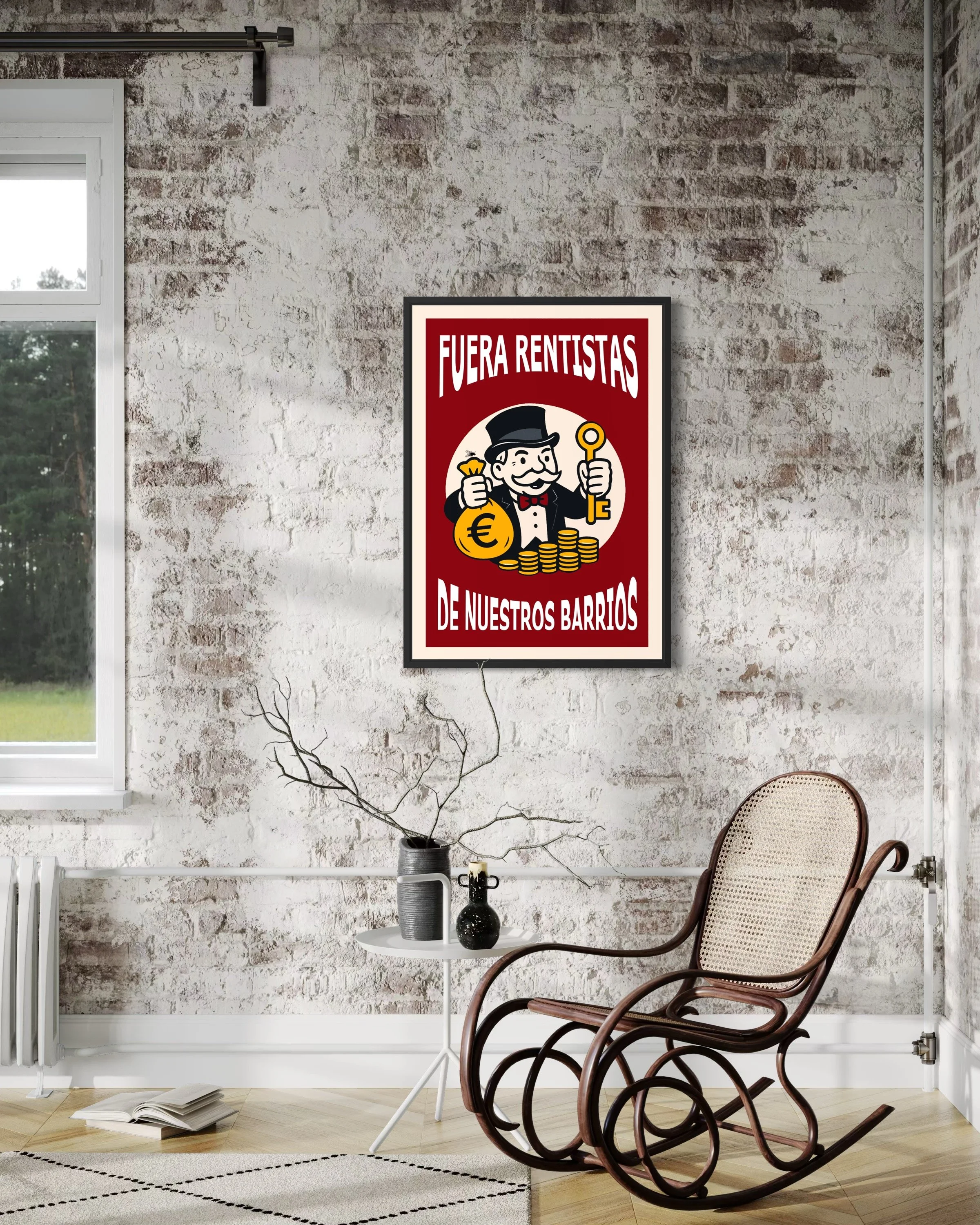 Interior photo showing Fuera Rentistas Spanish protest poster print on the wall by CAPSIZE
