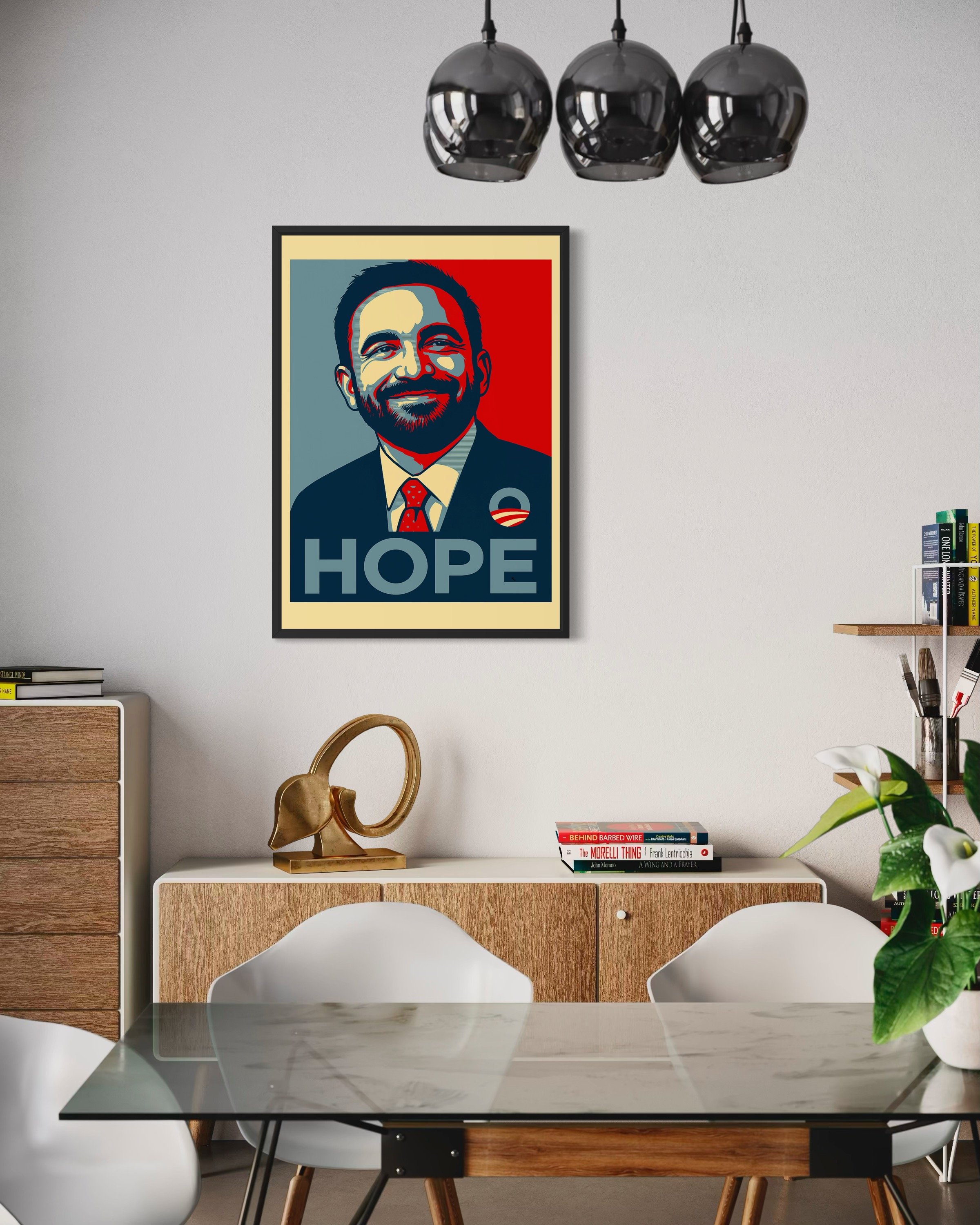 Interior photo showing Hope Zohran Mamdani protest poster print on the wall by CAPSIZE