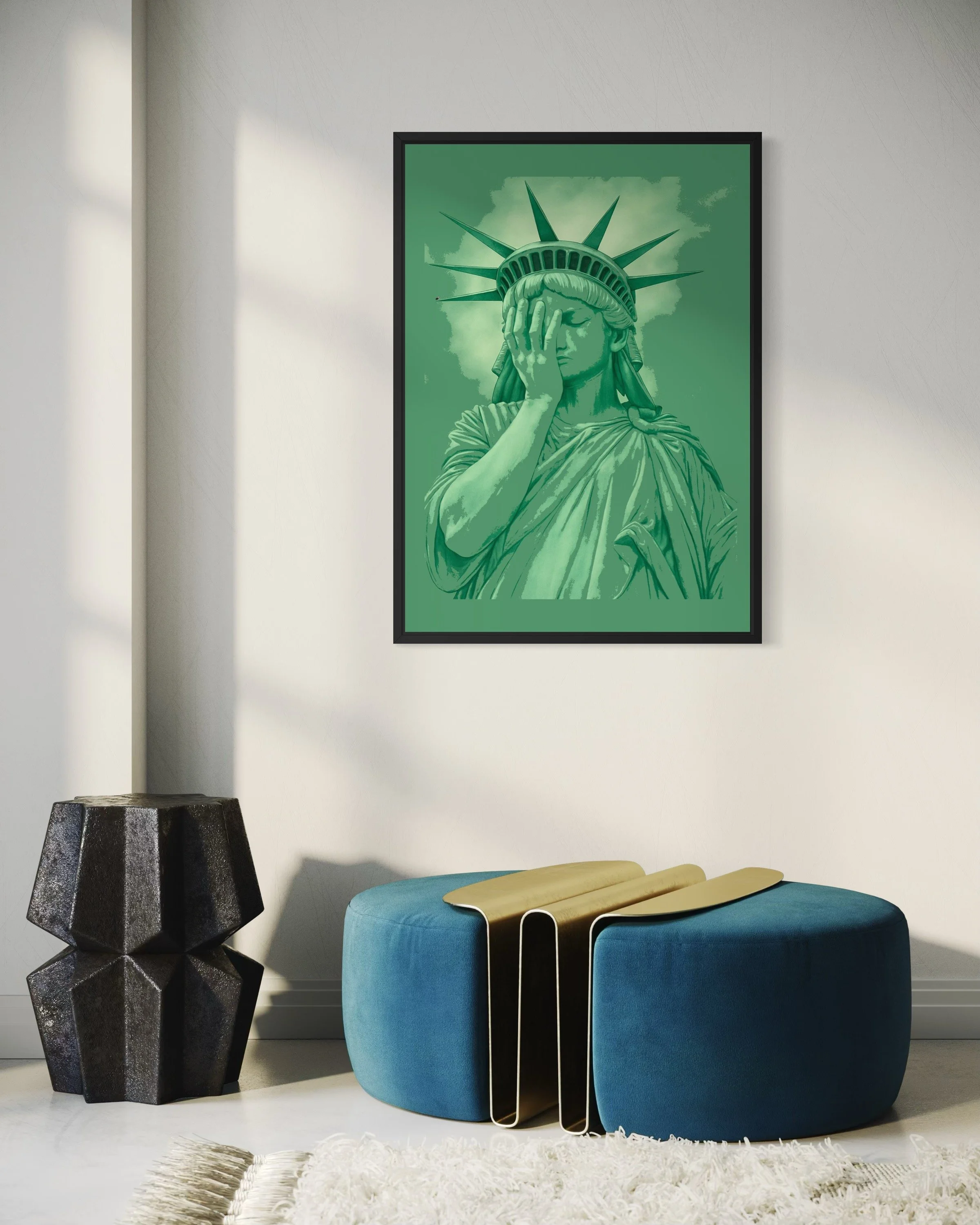 Interior photo showing Statue of Liberty satirical poster print on the wall by CAPSIZE