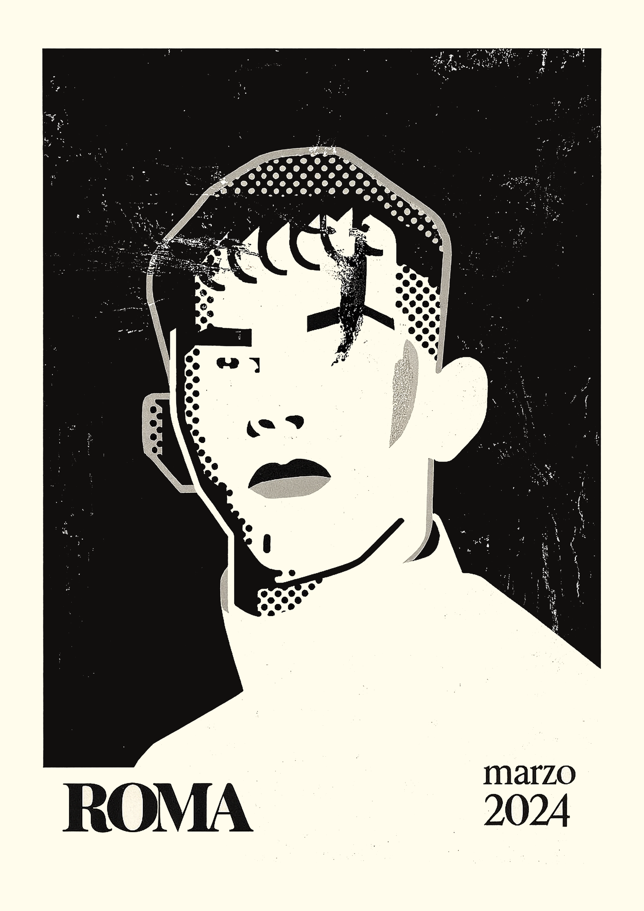 Stylized black and white illustration of a man with short hair, with a cityscape and crescent moons in his hair, and text reading "ROMA" and "marzo 2024". From the Italian streets of Rome.