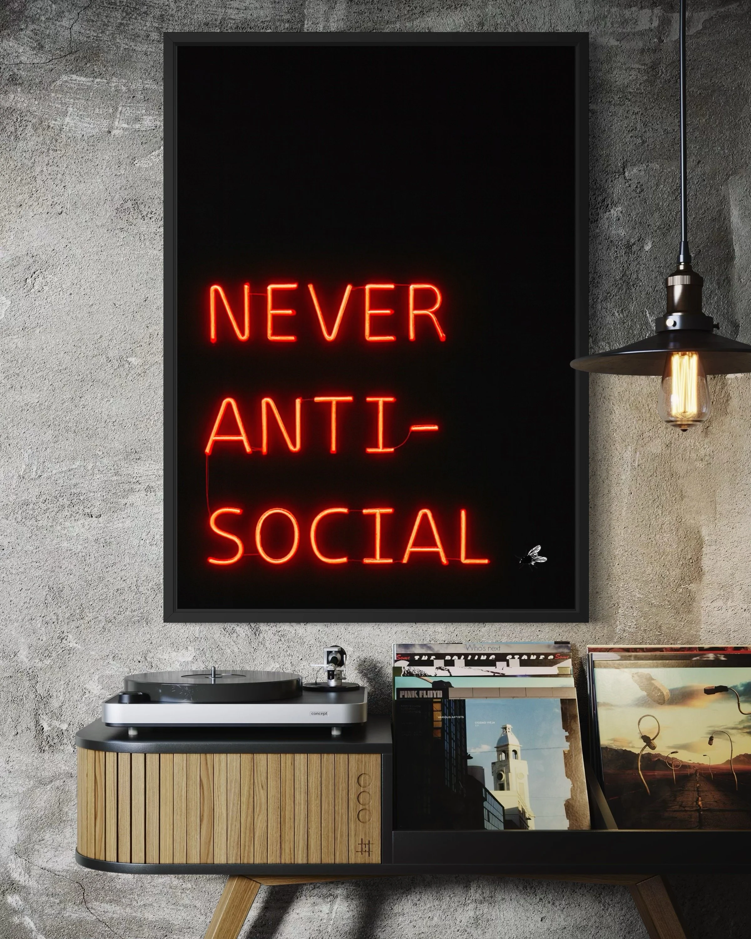Interior photo showing Never Anti Social graphic street poster print on the wall by CAPSIZE