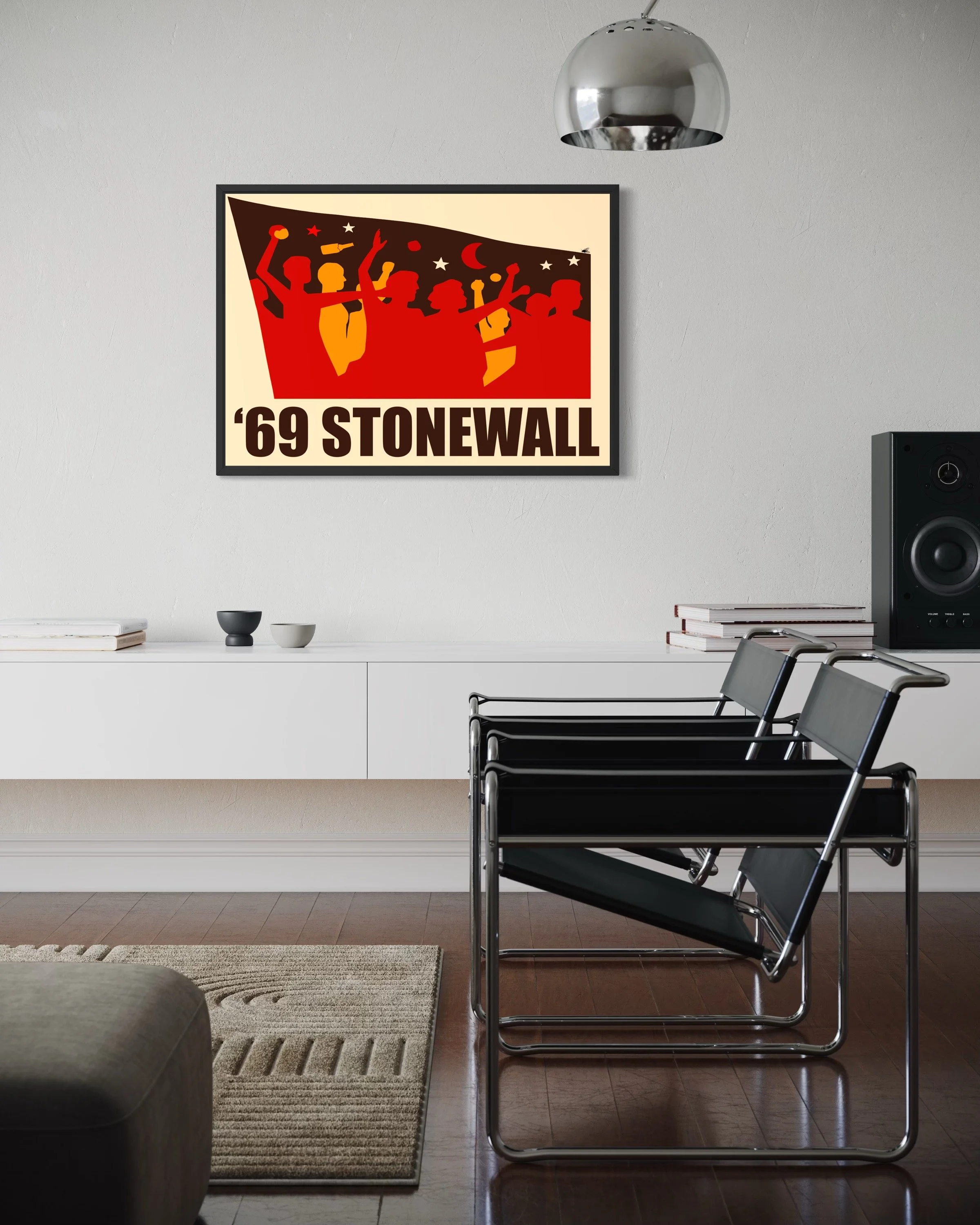 Interior photo showing 69' Stonewall LGBTQ protest poster print on the wall by CAPSIZE