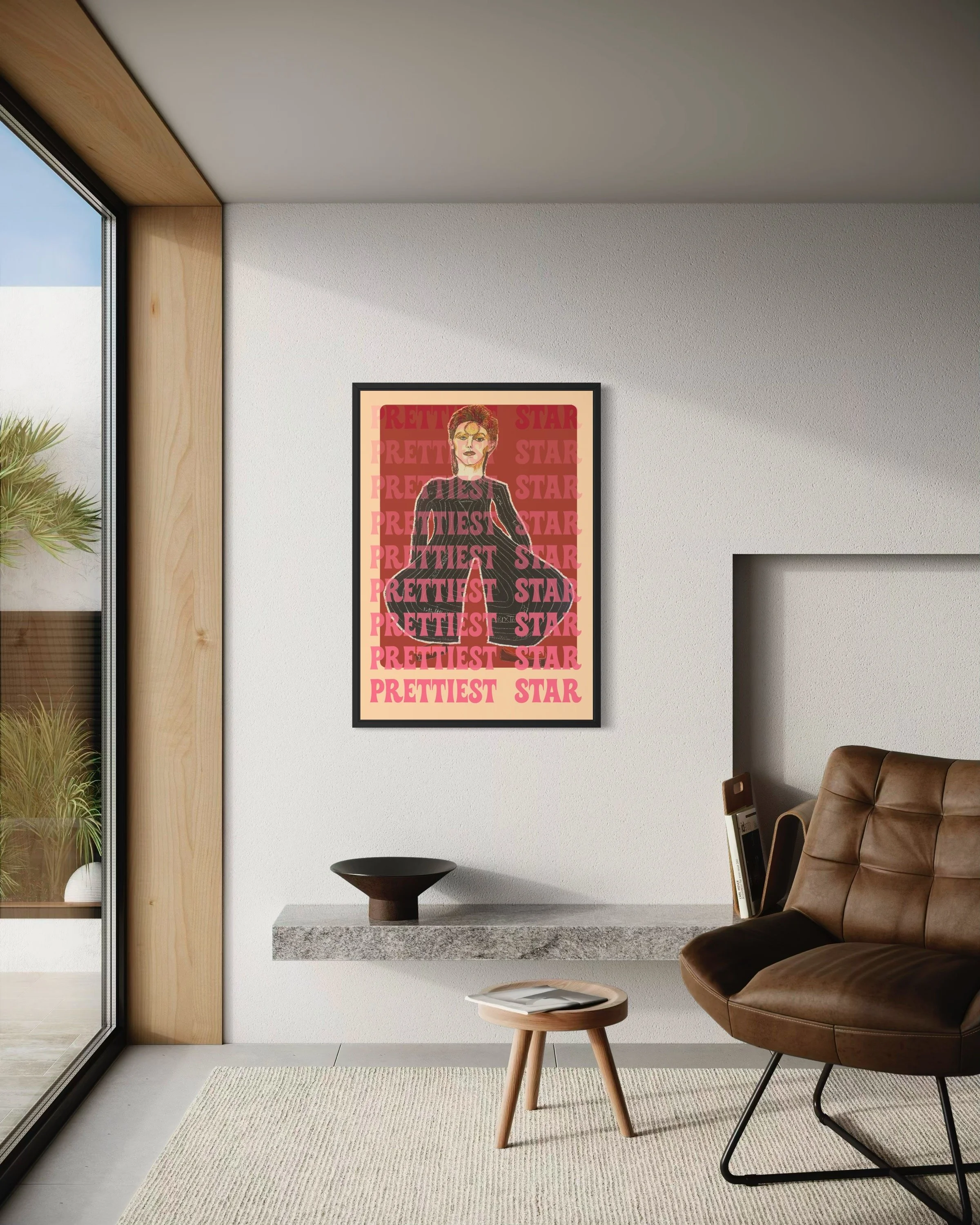 Interior photo showing Prettiest Star David Bowie Street & City poster print on the wall by CAPSIZE