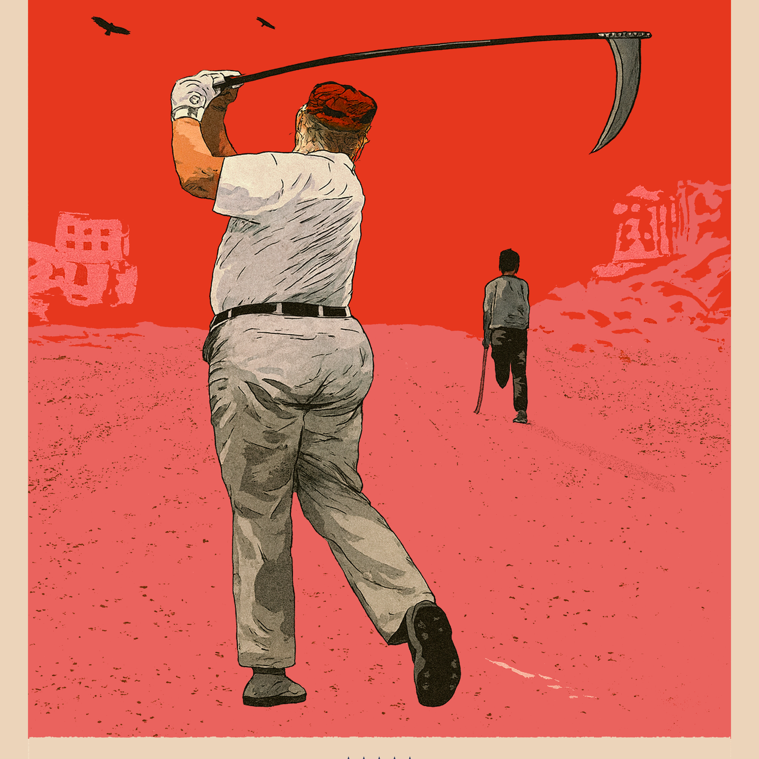 A political poster of Donald Trump swinging a sickle as if it is a golf club into a stark and desolate scene, with 'TRUMP 2028' written below. Victim in the background on crutches. Anti Trump Poster