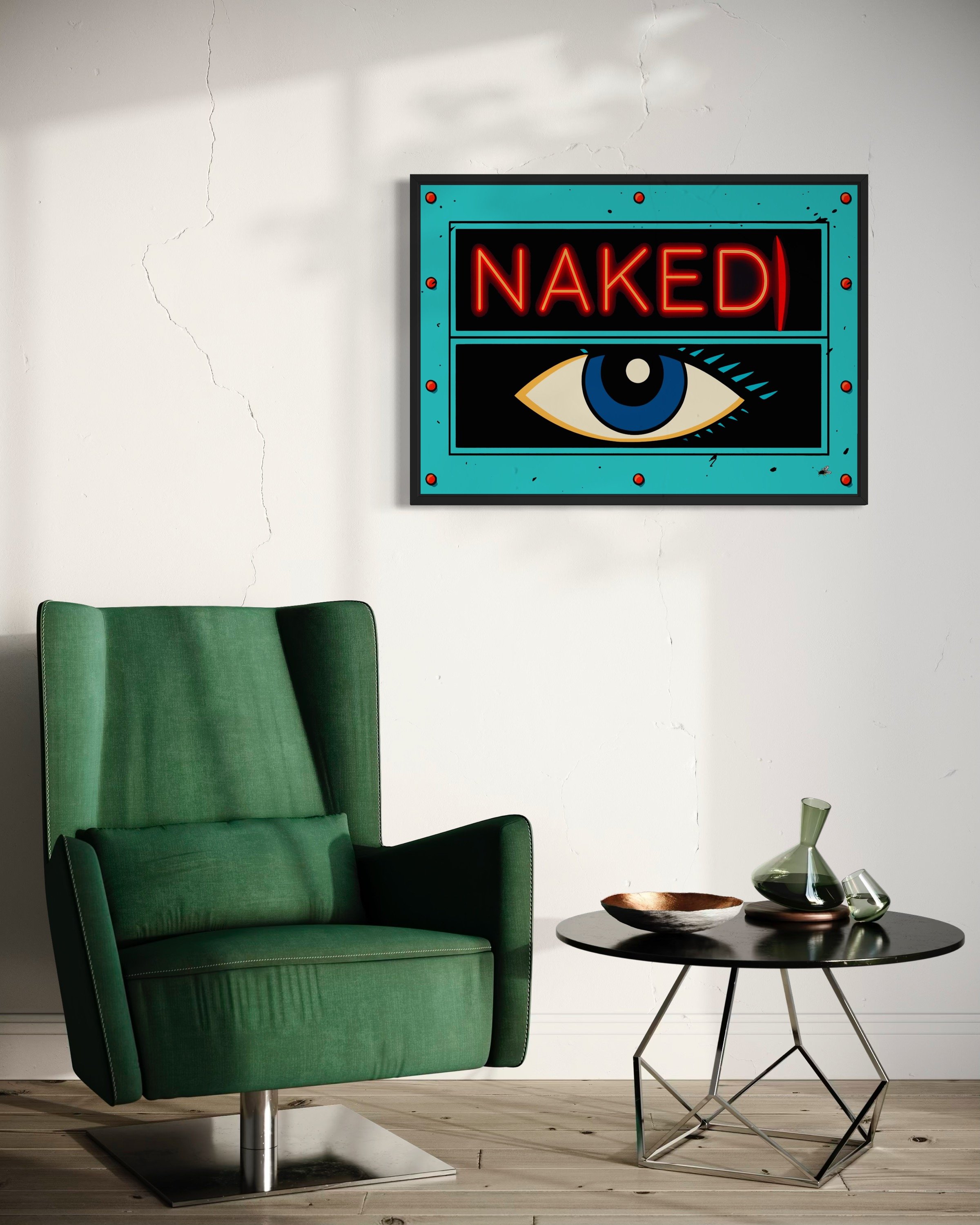 Interior photo showing Naked Eye graphic poster print on the wall by CAPSIZE