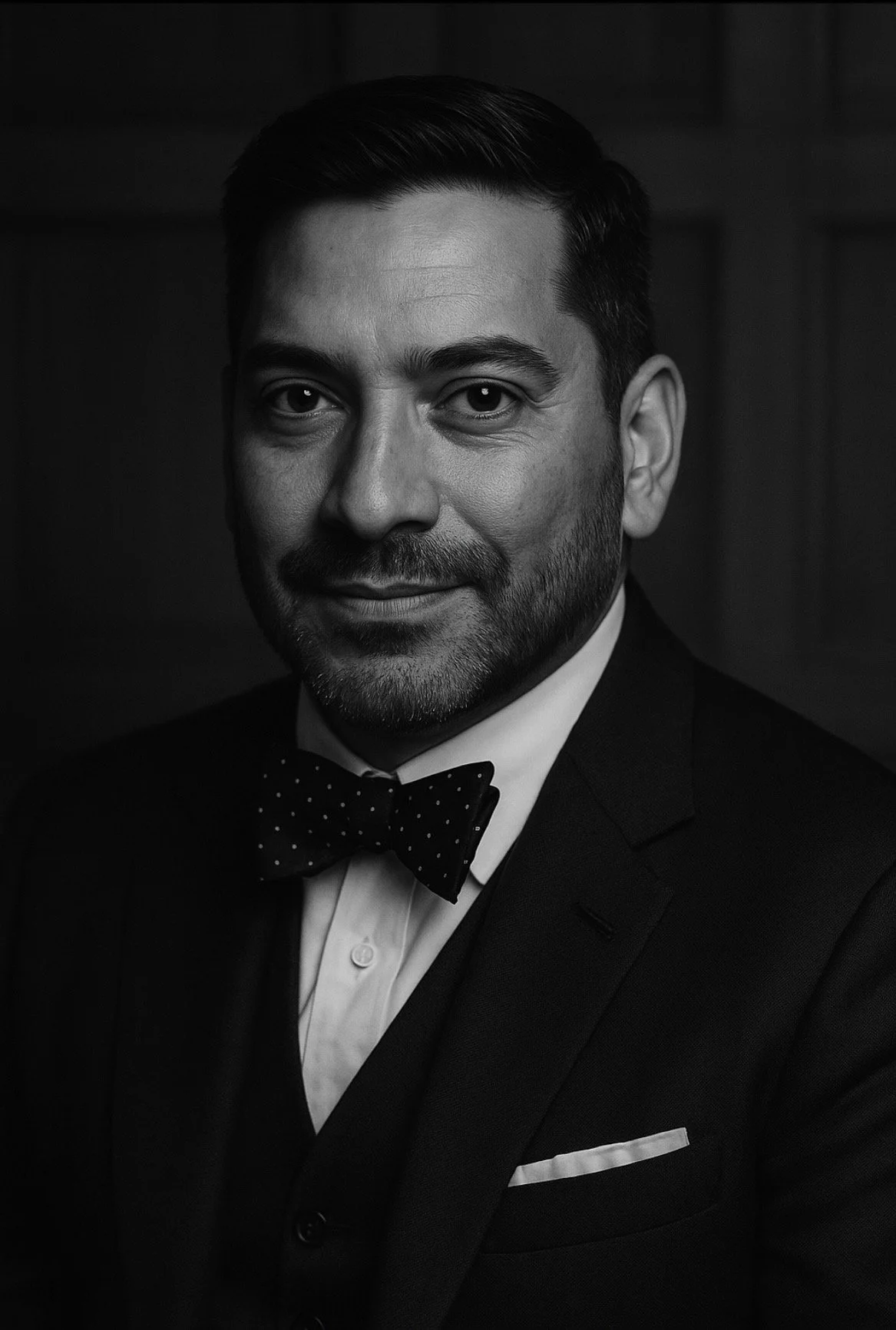 Black and white portrait of a man wearing a tuxedo and bow tie, smiling slightly, with well-groomed hair and beard.