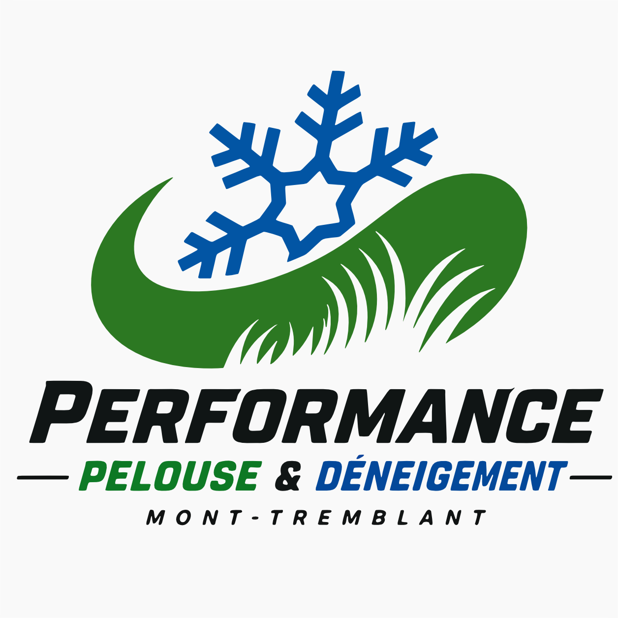 Logo d'un service de pelouse et déneigement incluant un flocon de neige bleu, un brin d'herbe vert et le texte 'Performance Pelouse & Déneigement Mont-Tremblant'.
