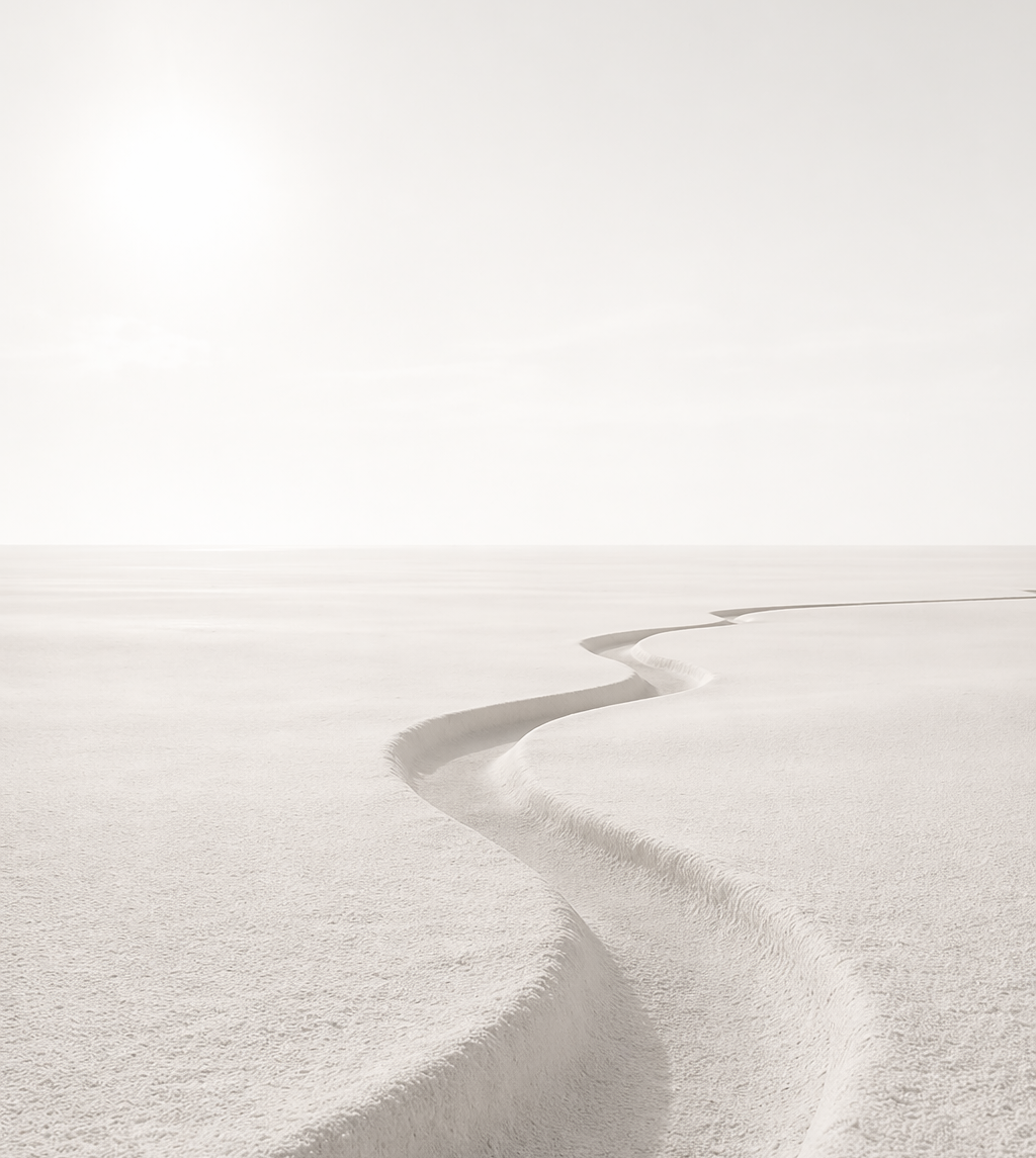 A winding furrow in a vast, white, snow-covered landscape with a hazy sky.