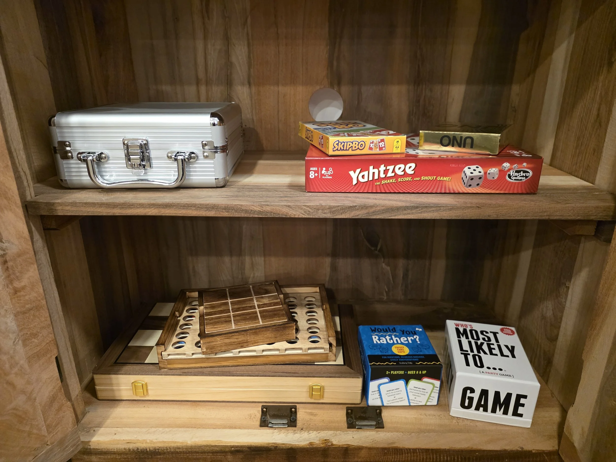 Checkers, Chess, Connect 4, Dominos, Most Likely, UNO, Skip Bo, Tic Tac Toe, Would You Rather and Yahtzee