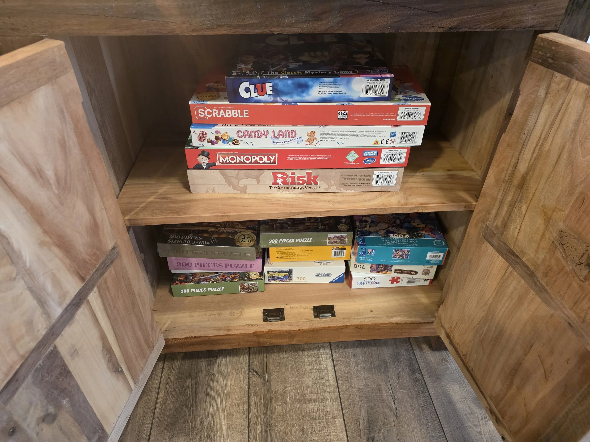 Clue, Monopoly, Risk, Scrabble and a bunch of puzzles