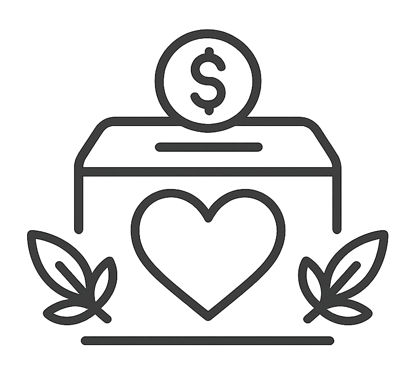 Line drawing of a donation box with a heart symbol, surrounded by leaves, and a coin with a dollar sign being inserted into the box.