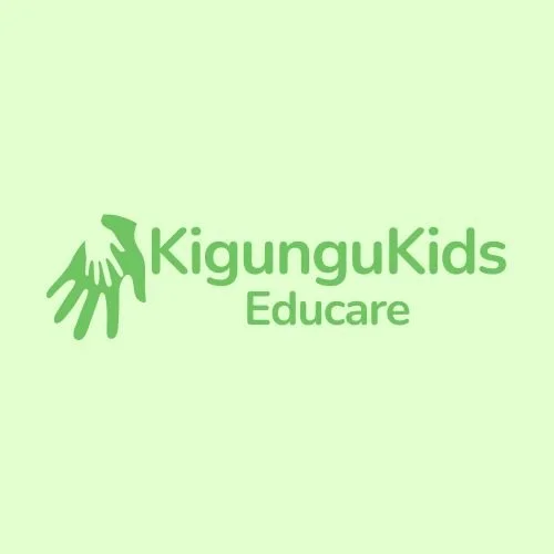 Logo for Kigungu Kids Educare with two green handprints and text in green on a light green background.
