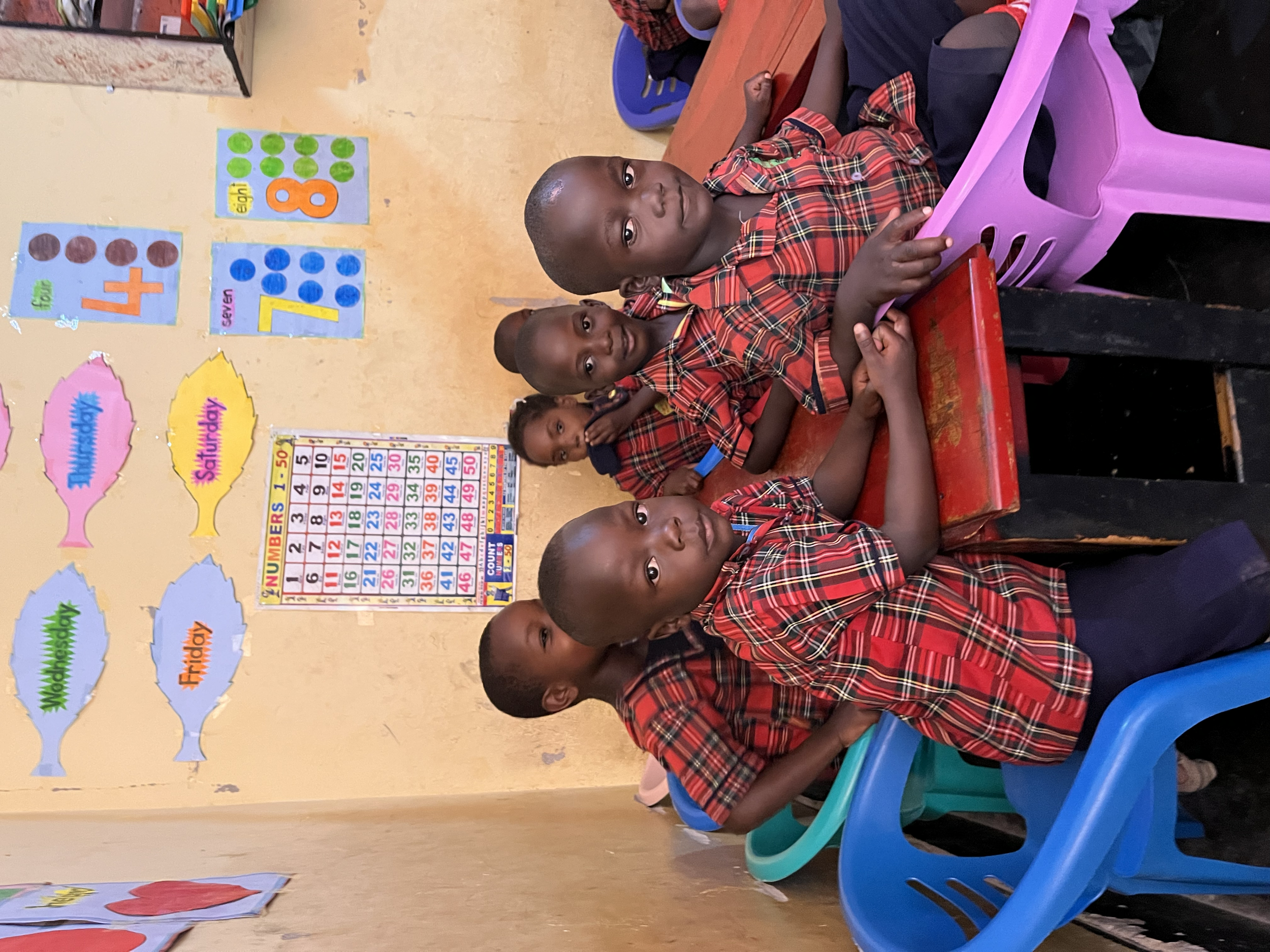 Six young children wearing red plaid school uniforms sitting at desks in a classroom, with educational posters and colorful charts on the wall behind them.