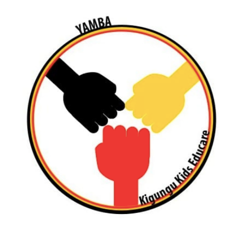 Logo with two hands, black and yellow, reaching towards a red hand in the center, with the text 'YAMBA' at the top and 'Kigunggu Kids Educa' at the bottom, enclosed in a circle.