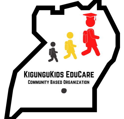 Logo of KigunguKids EduCare, a community-based organization, with three cartoon children walking inside of the outline of the country of Uganda.