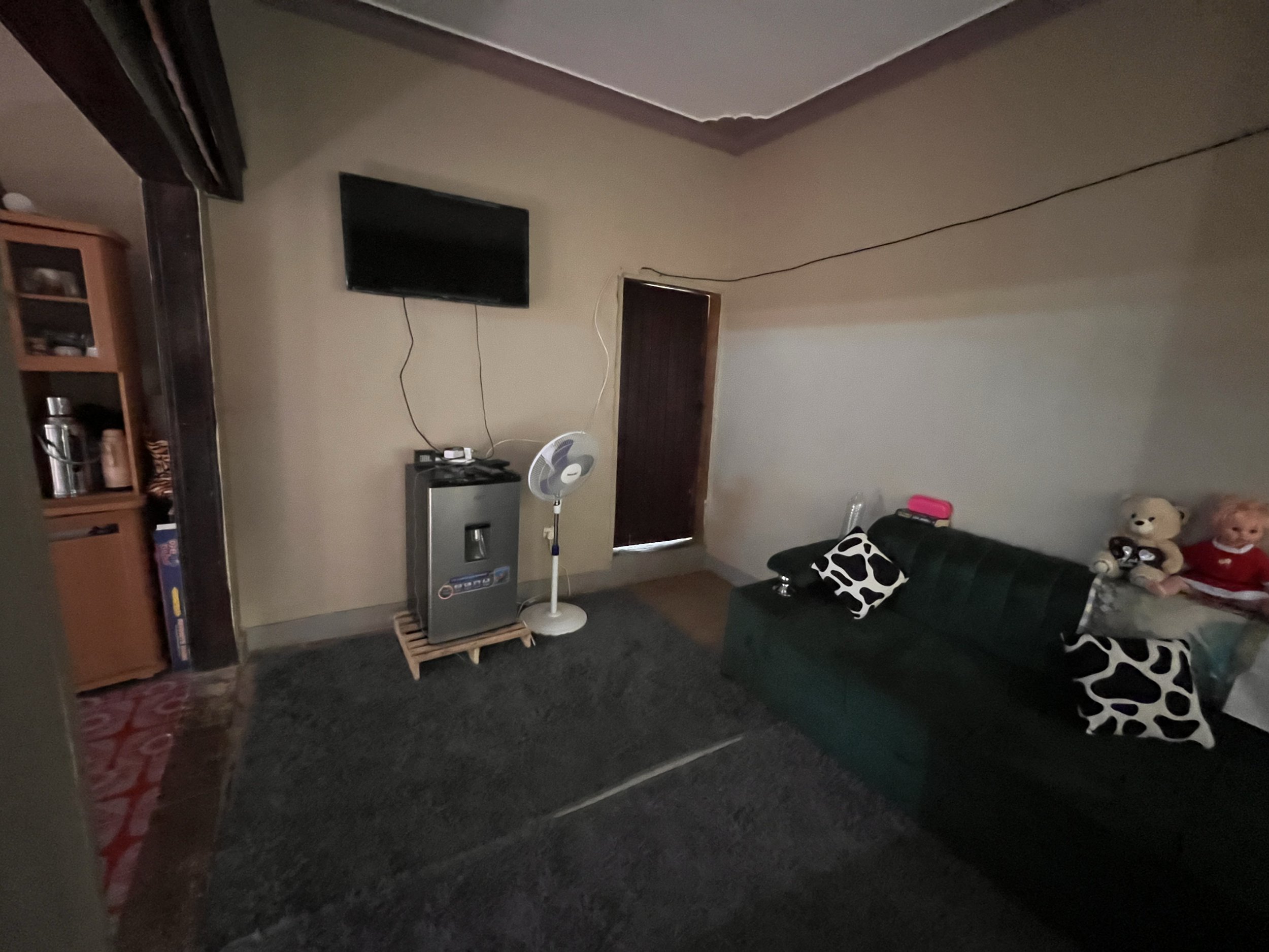 Living room with a wall-mounted TV, a fan, a safe, and a couch with stuffed animals and pillows.