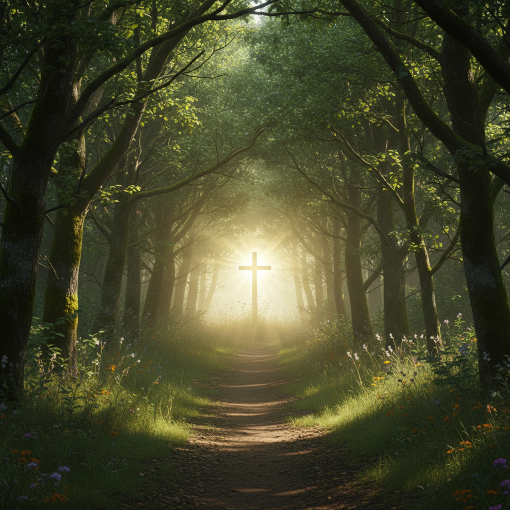 A wooded forest path with green trees on both sides leading to a glowing cross in the distance, illuminated by sunlight.