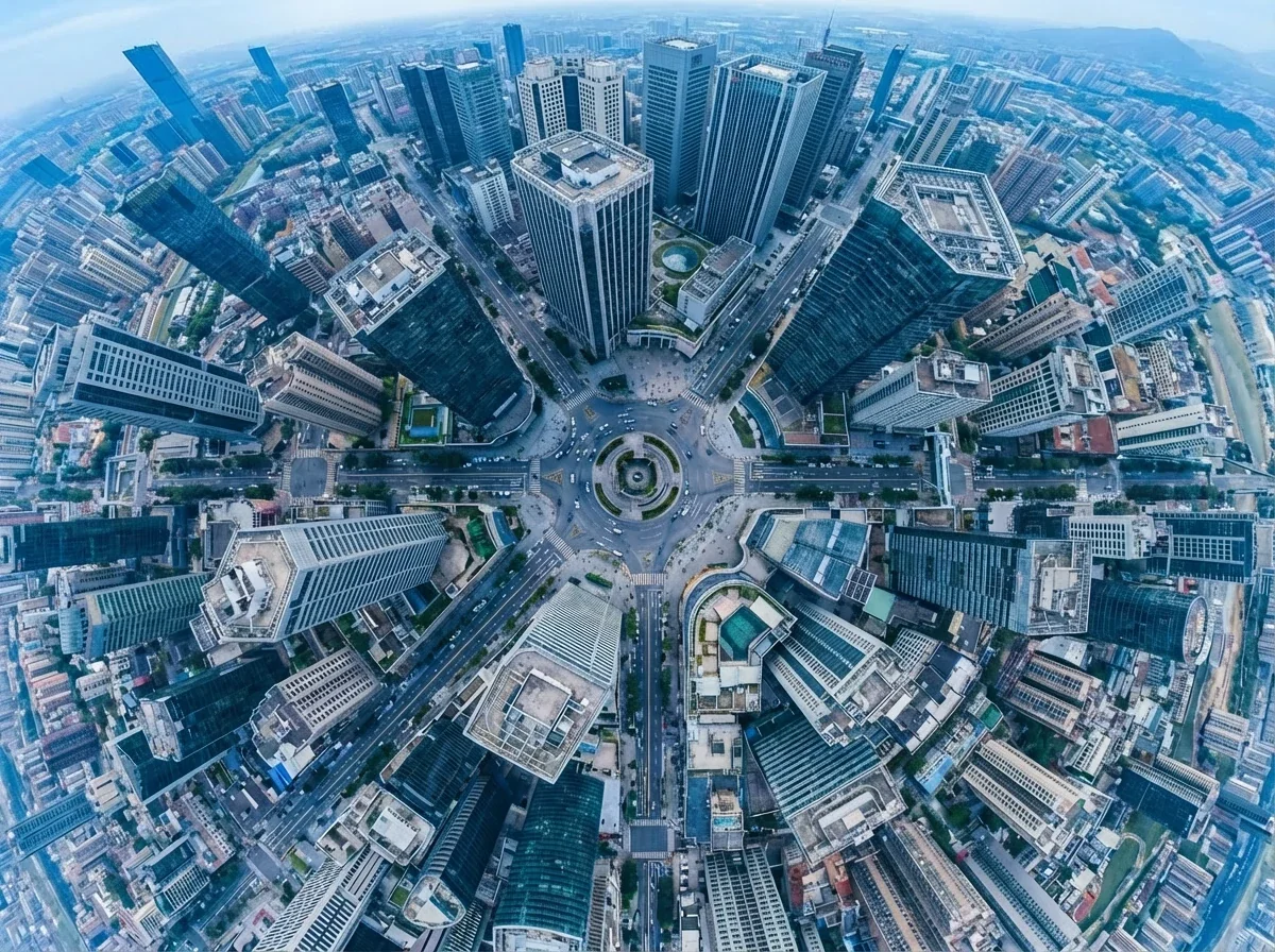 Aerial view of a dense city with tall skyscrapers and a roundabout at the center, viewed from above.