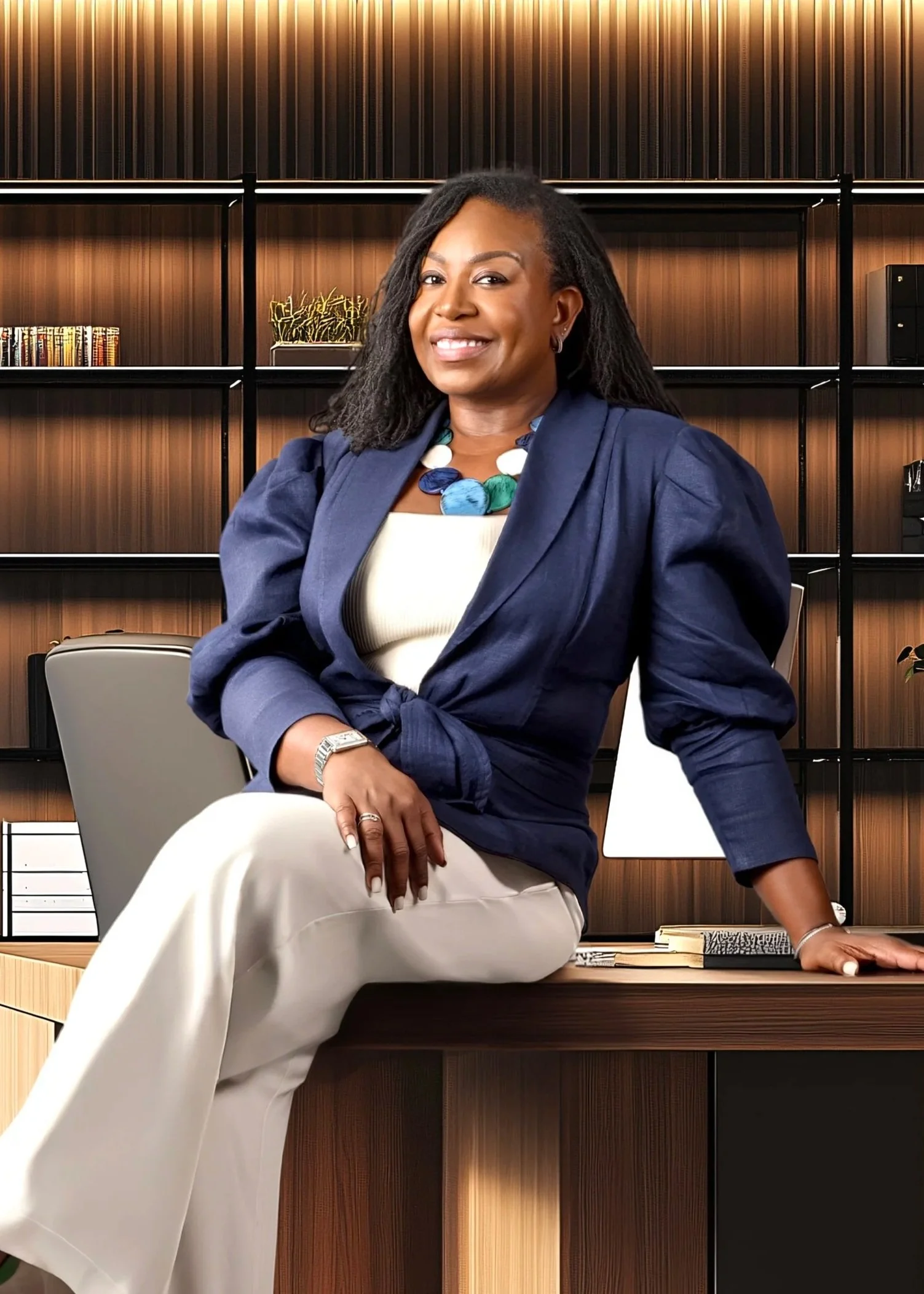 A woman sitting on a wooden desk in an office, wearing a blue blazer and white pants, smiling at the camera, with a background of dark wood shelves filled with books and decorative items.