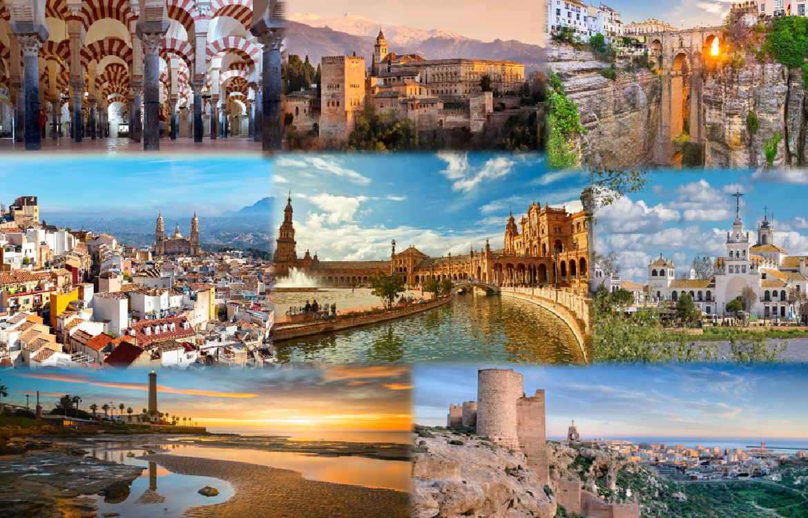 Collage de paisajes y monumentos españoles, incluyendo la Mezquita de Córdoba, el Alcázar de Sevilla, la ciudad de Granada con la Alhambra, la ciudad de Málaga, y la costa con un atardecer.