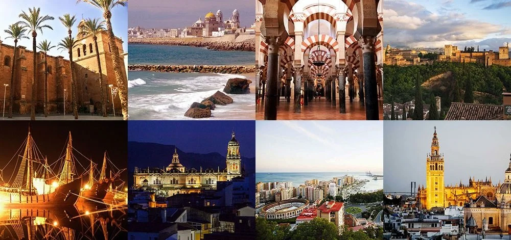 Collage de ocho imágenes que muestran diferentes lugares y monumentos históricos en Marruecos, incluyendo construcciones árabes, playas, la ciudad de Casablanca, y la Torre del Reloj en Tánger.