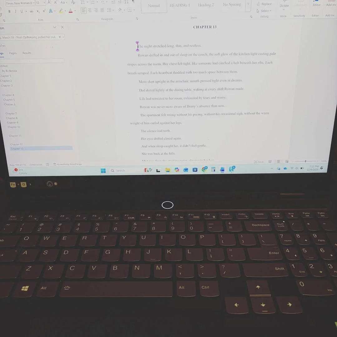 Instagram link; a laptop shows a document in progress.