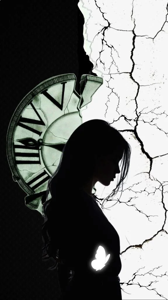 Silhouette of woman with a glowing butterfly, against a backdrop of a clock and shattered porcelain.