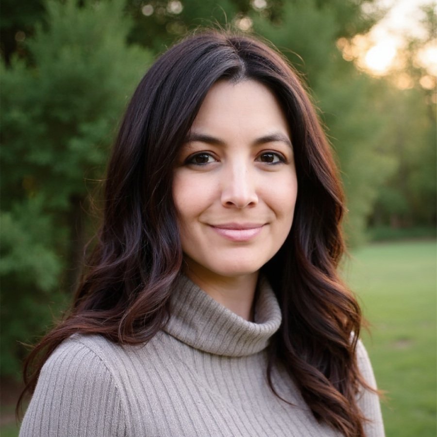 A woman with dark brown hair, dark brown eyes, and grey sweater, smiling in outdoor setting.
