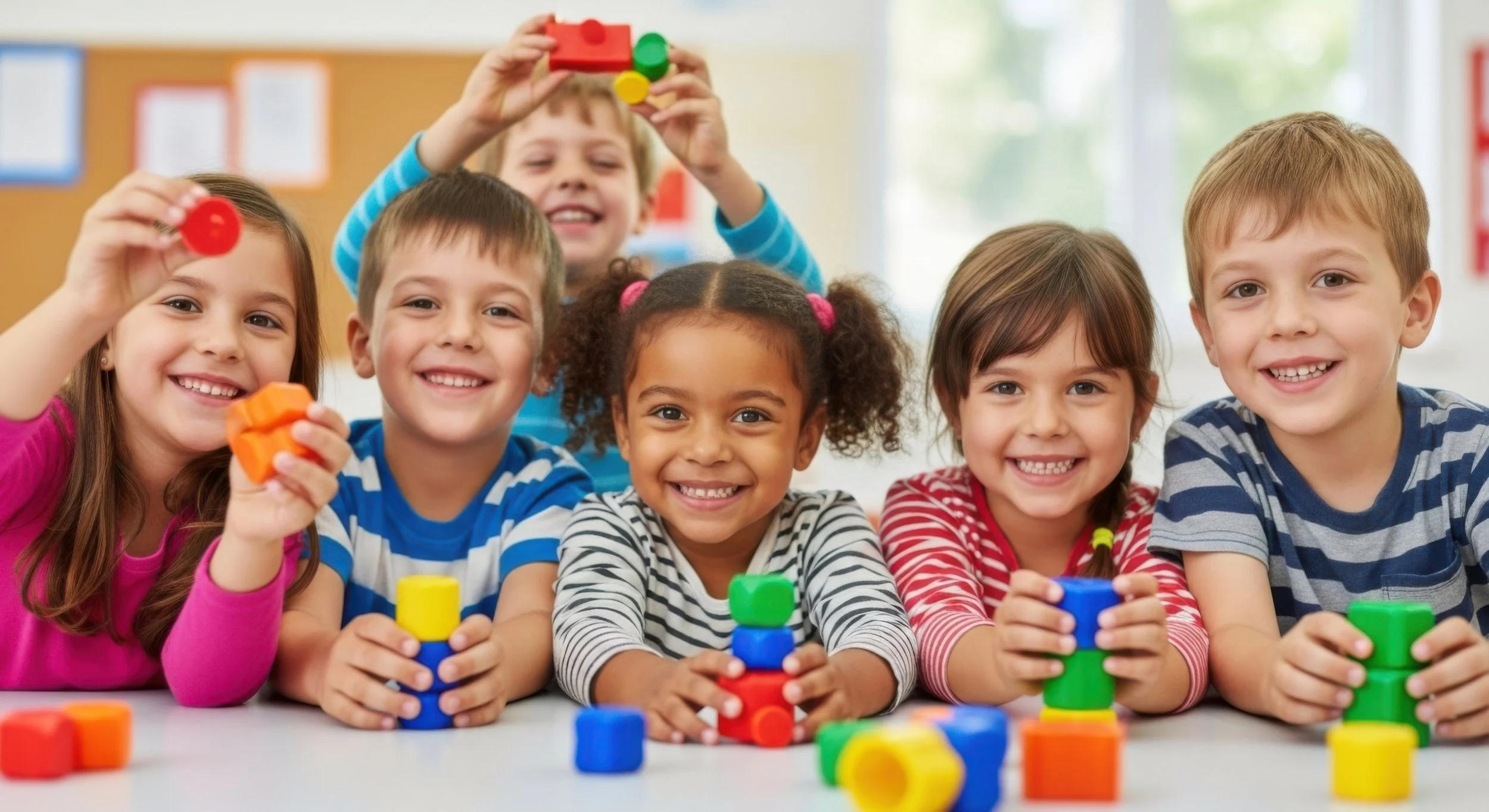Six children sitting at a table playing with colorful stacking blocks, smiling and having fun in a classroom.