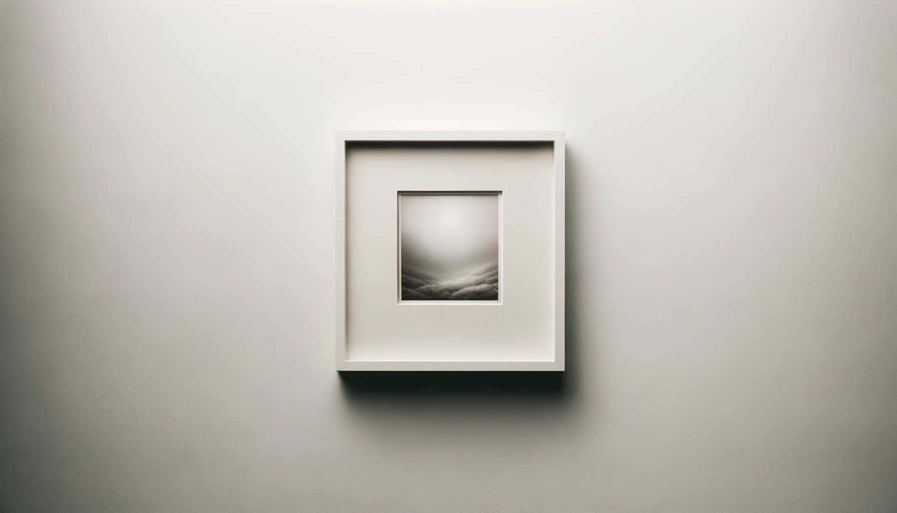 A framed black-and-white photograph of clouds and a bright light, hung on a plain white wall.