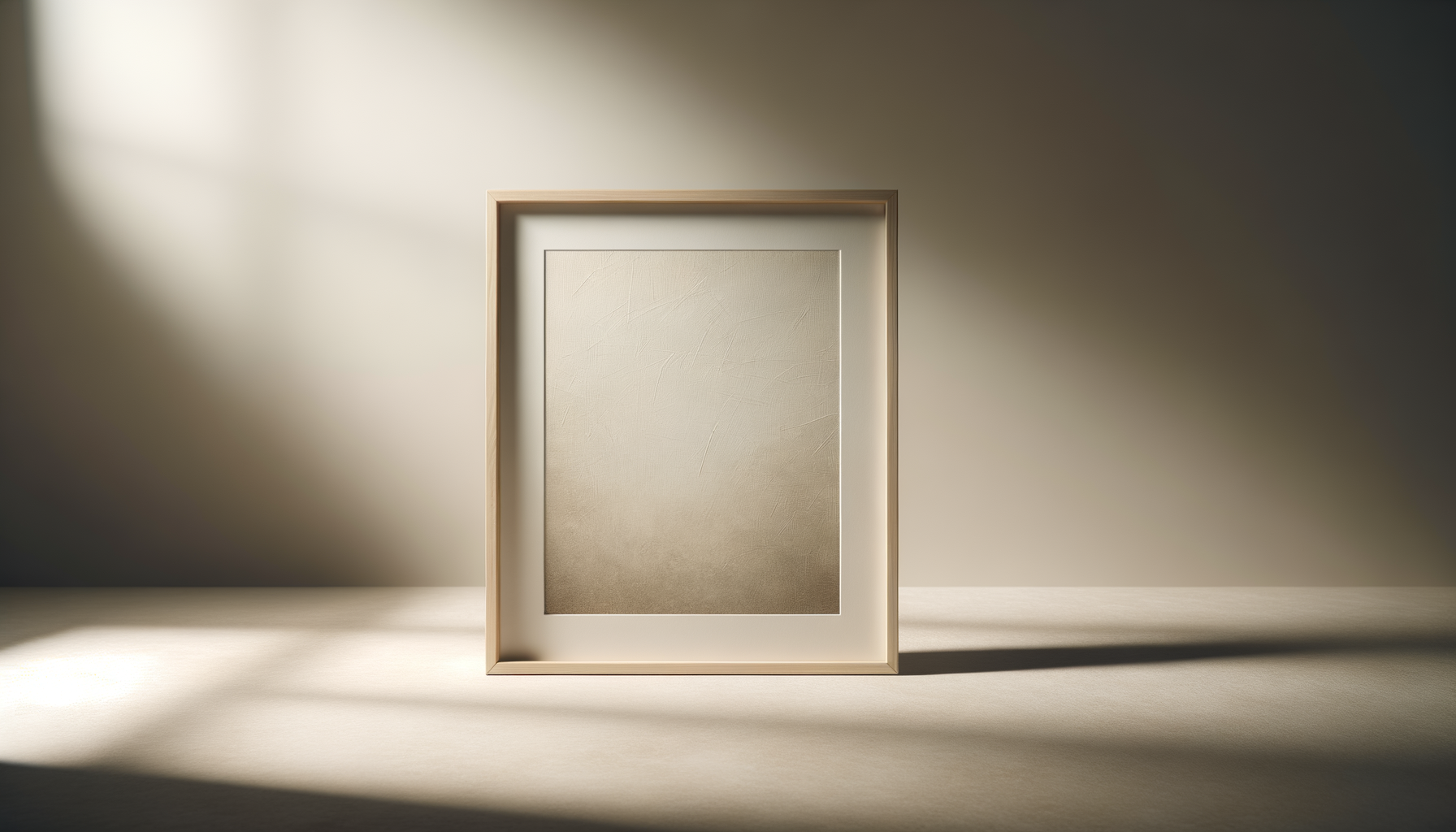 A blank, textured beige picture frame standing upright on a neutral surface with soft lighting and shadows in a minimalist setting.