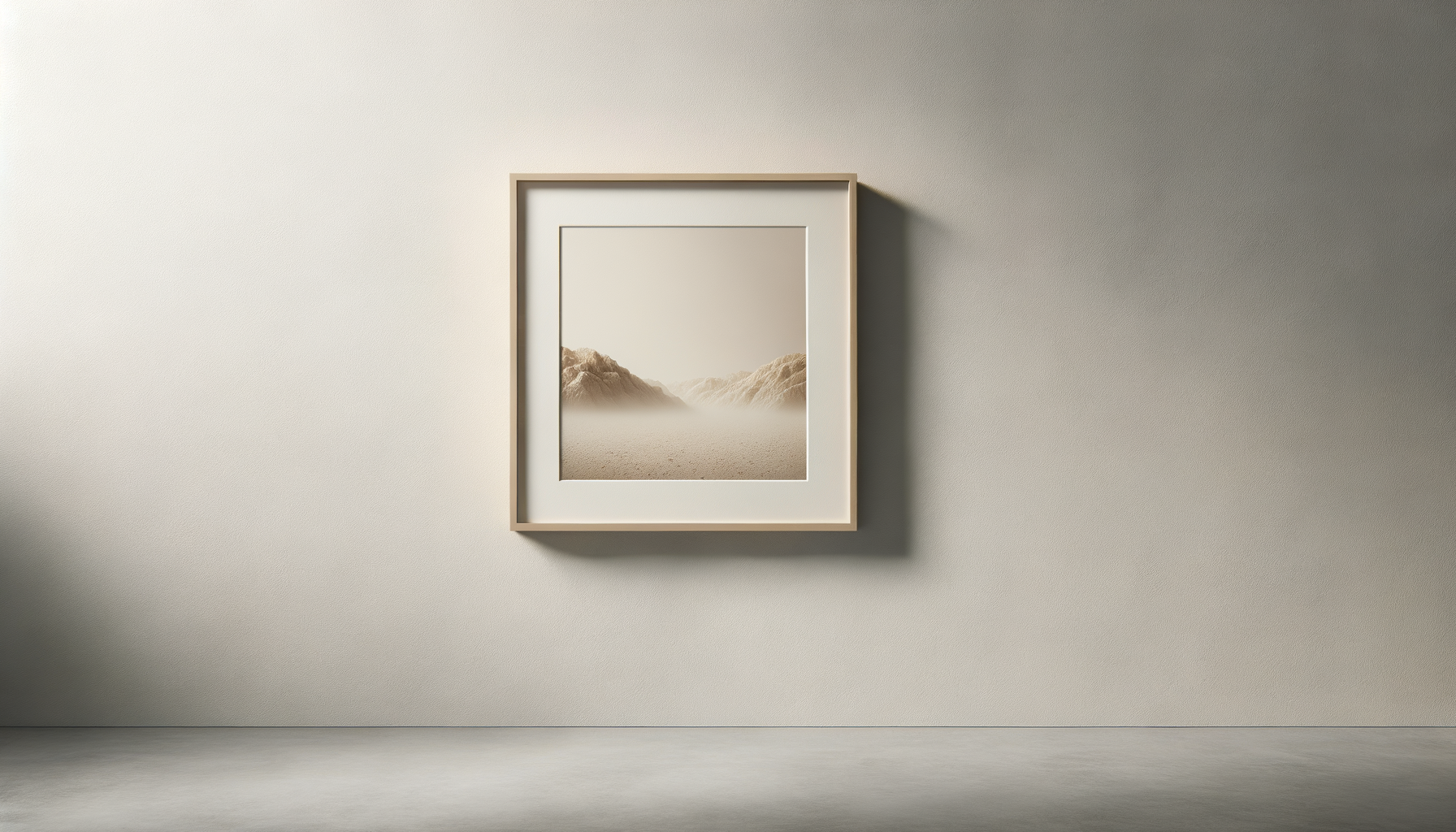 Framed desert landscape photograph hanging on a plain wall.