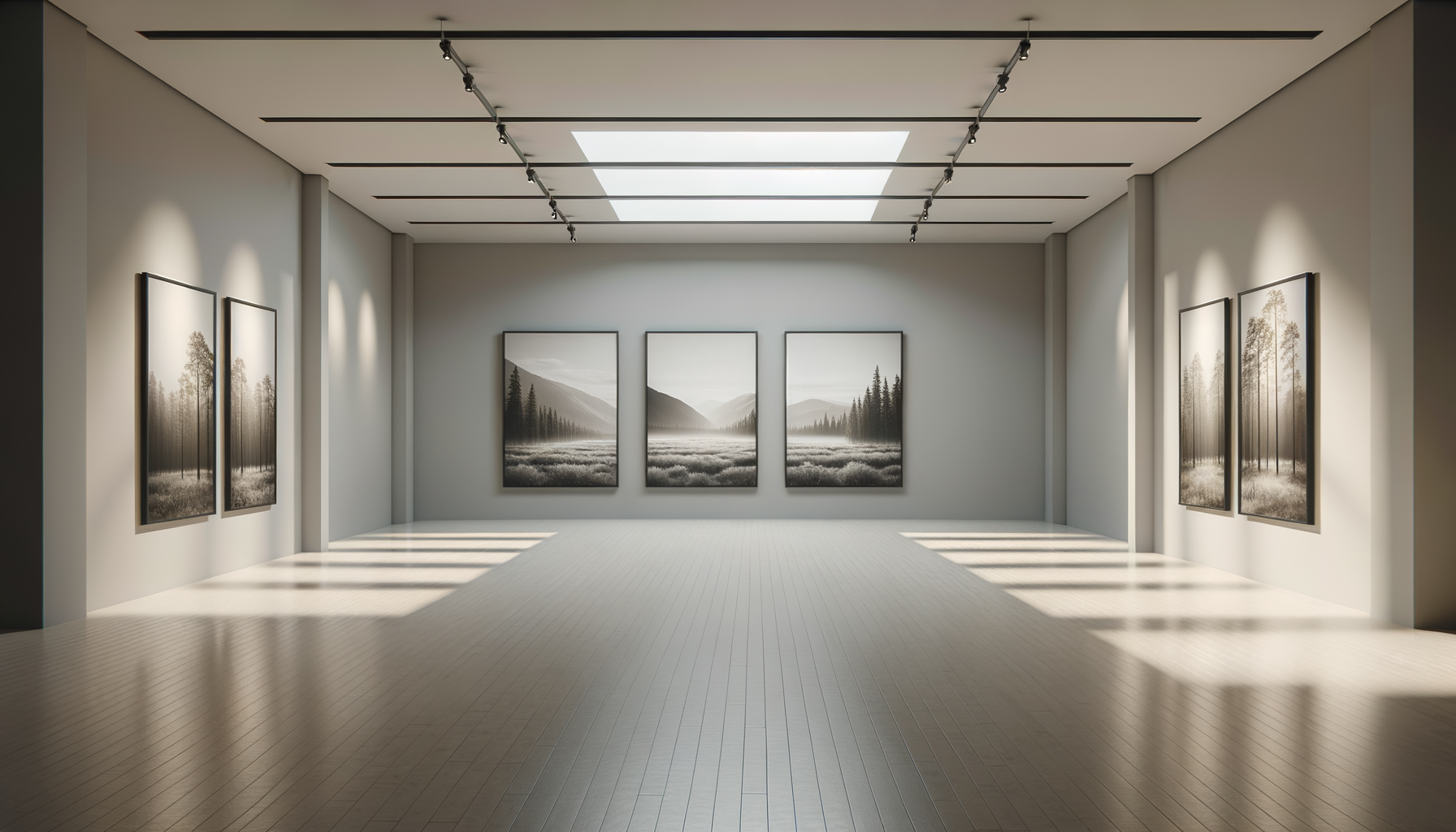 Empty art gallery with black and white landscape photographs on gray walls and hardwood floors, illuminated by skylights and track lighting.