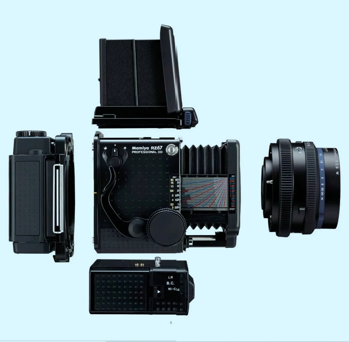 A collage of vintage camera equipment including a camera body, a film holder, a focusing screen, a light meter, a lens, and a battery pack, all arranged against a light blue background.