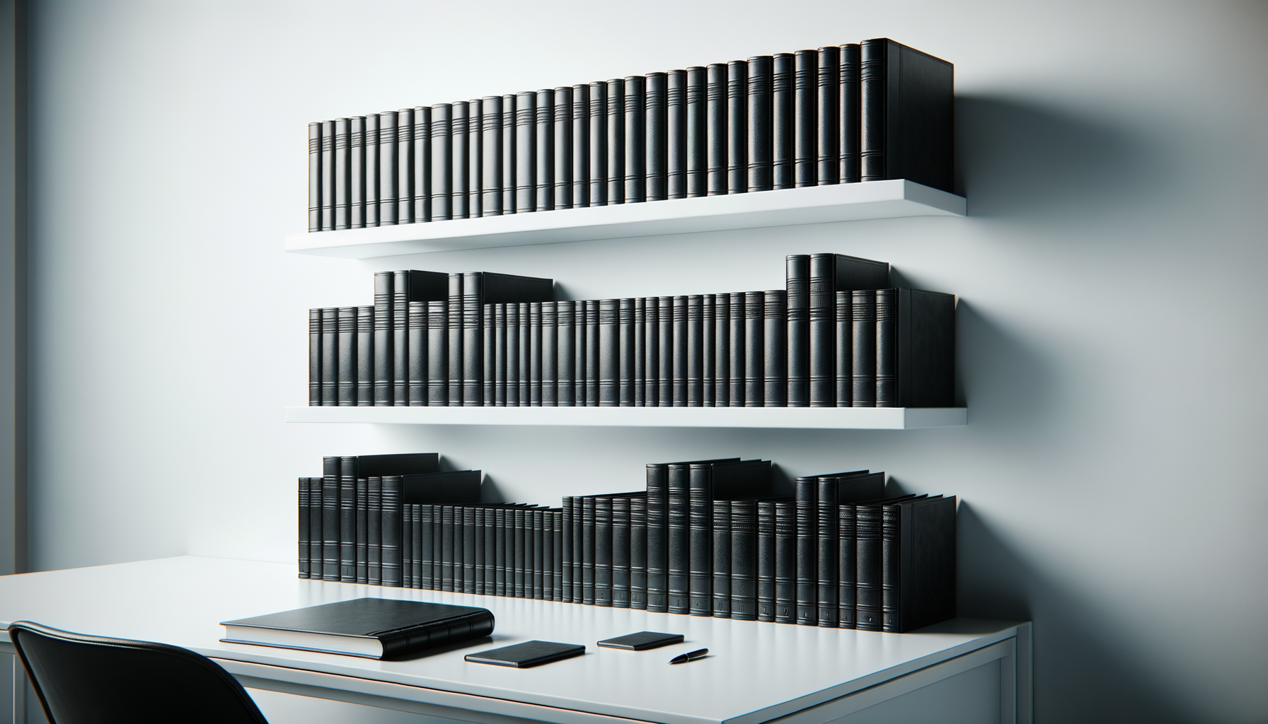 White desk with black notebooks, pens, and a black chair beneath white floating shelves filled with black leather-bound books, in a modern office setting.
