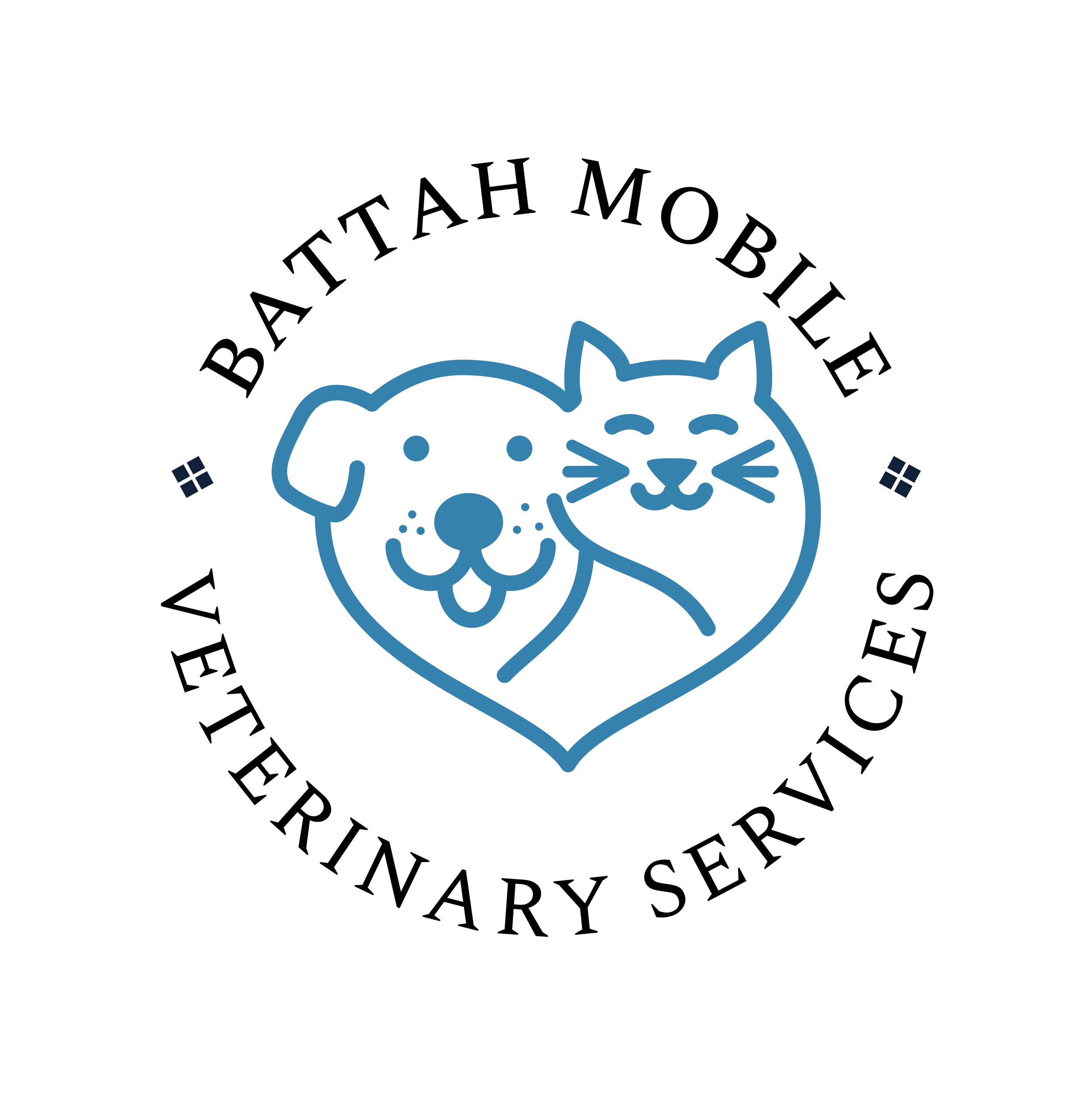 Logo for BATTAH MOBILE VETERINARY SERVICES features a line drawing of a dog and a cat inside a heart, with the text "BATTAH MOBILE VETERINARY SERVICES" curved around the image.