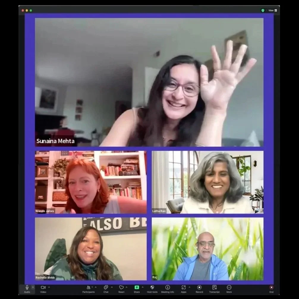 Screenshot of a video conference call with five smiling participants, one waving, in individual video feeds. Names visible include Sunaina Mehta, Brenda James, Latha Rao, Rochelle Webb, and Raj.