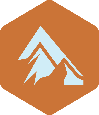 An icon of a mountain range with a large snow-capped peak, set against a hexagonal brown background.